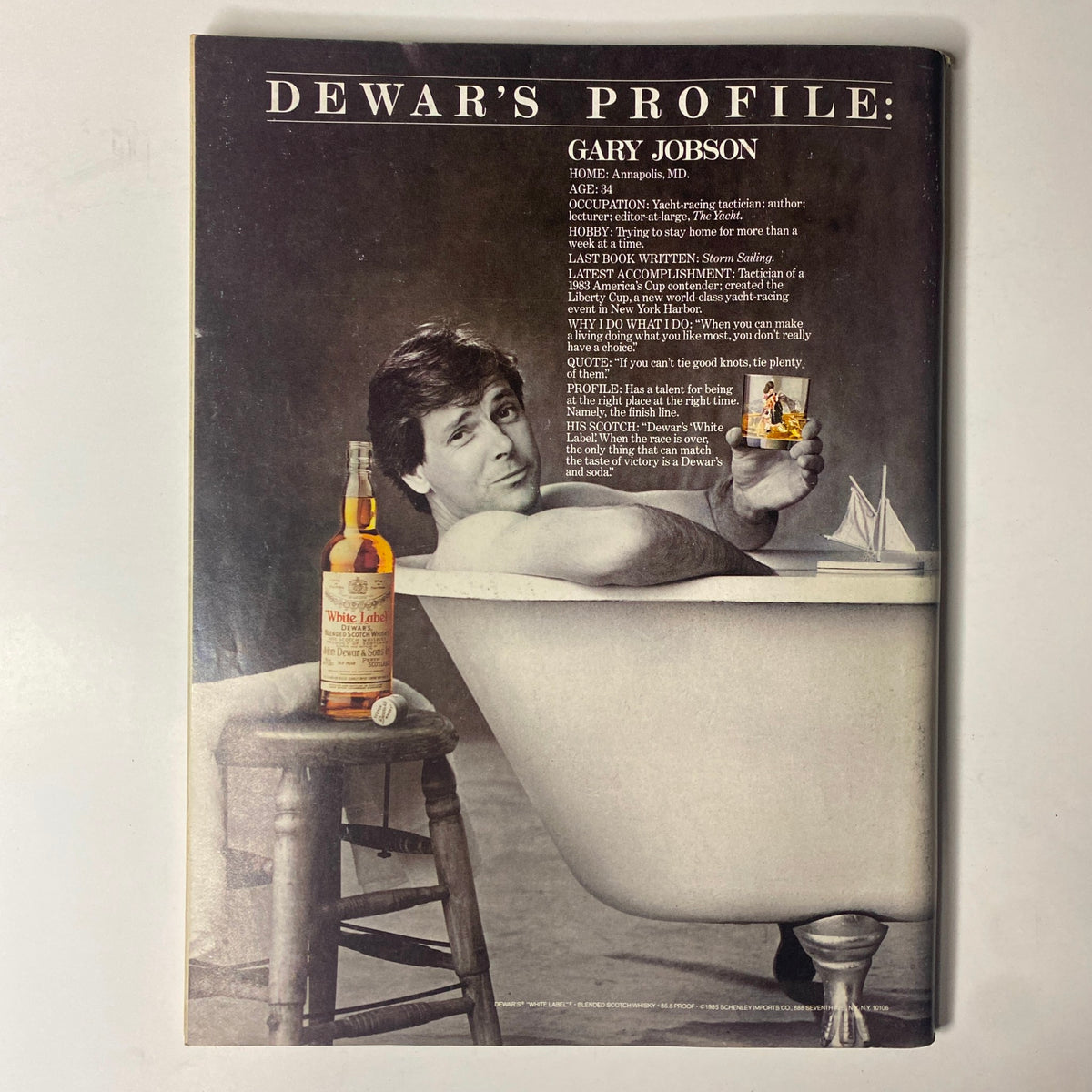 Dewar's Profile featuring Gary Jobson, a yacht-racing technician, author, and lecturer, in a bathtub with a bottle of Dewar's White Label whiskey, as seen in Forbes Magazine June 17, 1985.