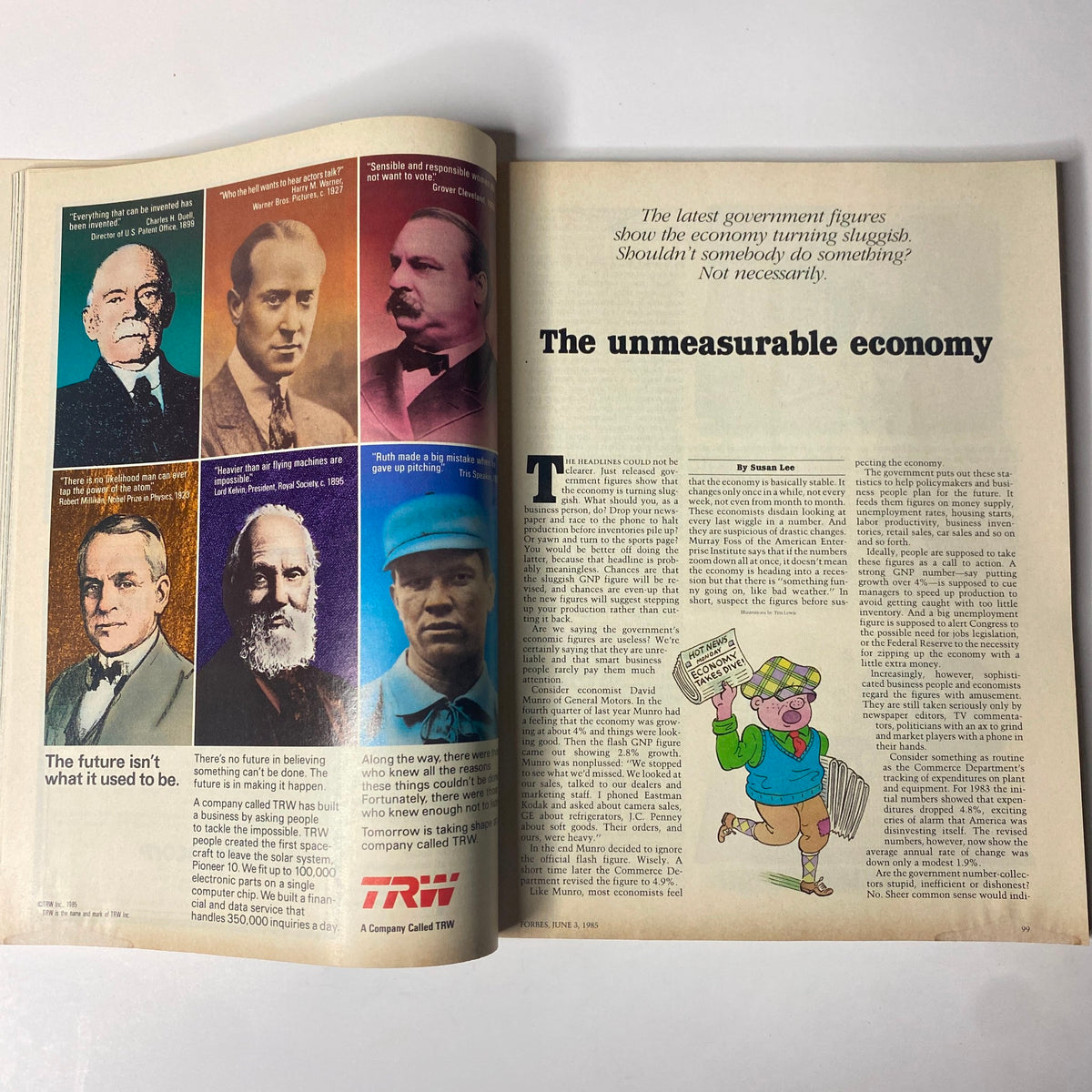 An article page from Forbes Magazine June 3, 1985 discussing the 'unmeasurable economy,' illustrated with historical figures and analyzing economic conditions during the mid-1980s.