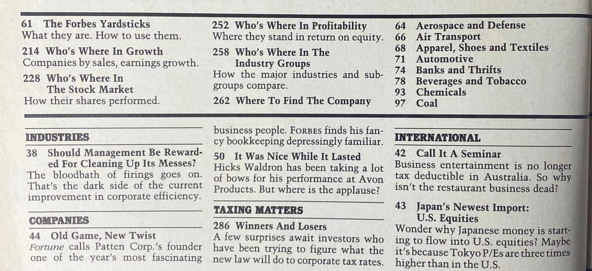 Table of contents from Forbes Magazine January 12, 1987 listing articles and topics such as corporate performance and growth companies.