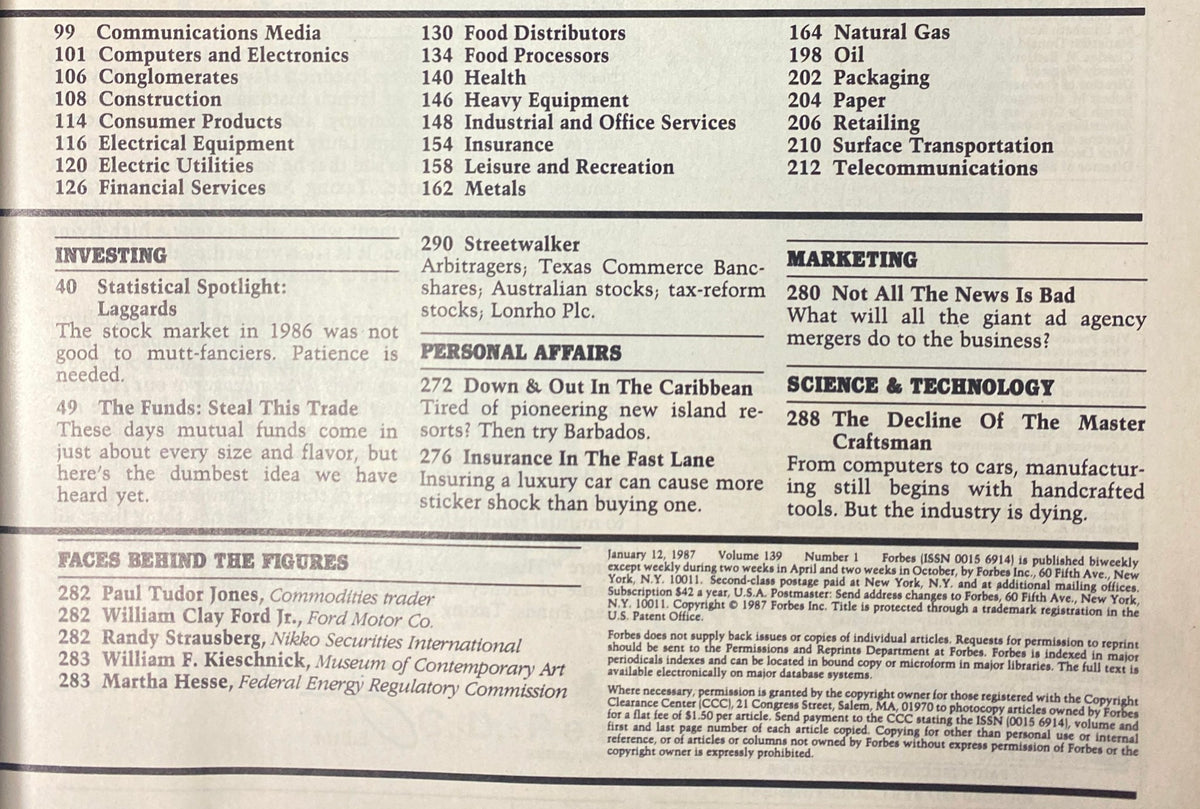 Continuation of the table of contents from Forbes Magazine January 12, 1987, showing various industry sectors and analysis features.