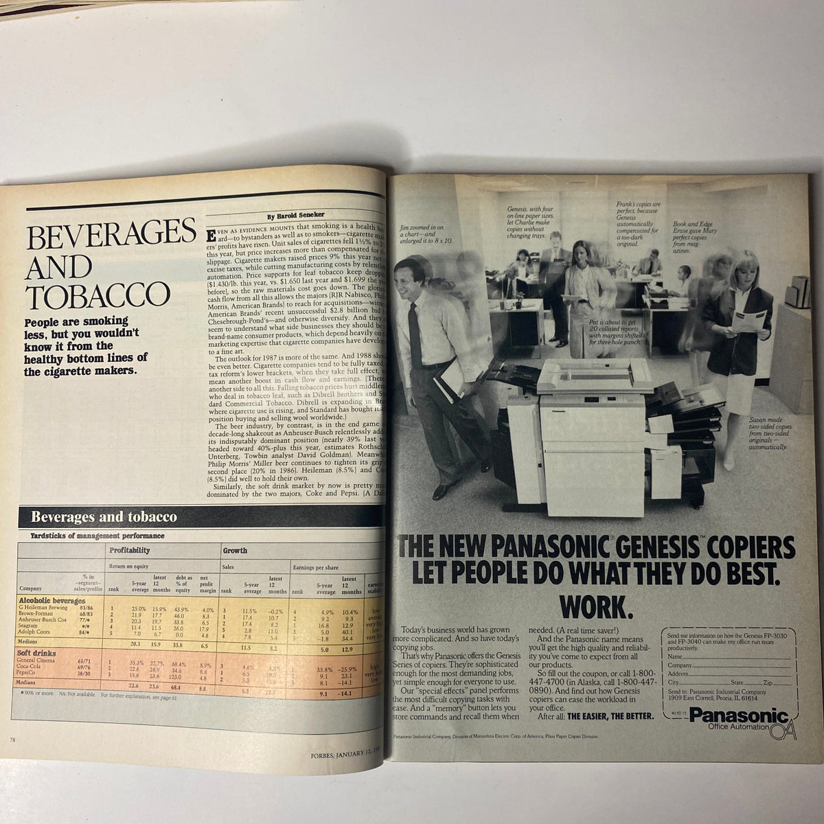 Page from Forbes Magazine January 12, 1987 showcasing an article on 'Beverages and Tobacco' discussing industry performance.
