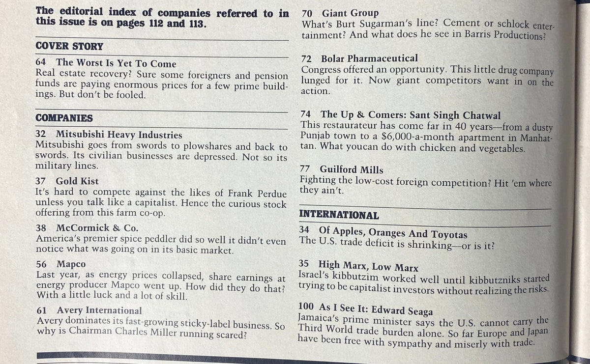 Page from Forbes Magazine January 26, 1987, displaying the editorial index with highlights about the companies featured in the issue including Mitsubishi Heavy Industries and Gold Kist.