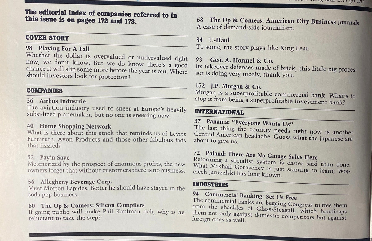 Interior page of Forbes Magazine February 23, 1987, showing the editorial index and articles, including a cover story titled 'Playing For A Fall' that discusses currency value and investment strategies.