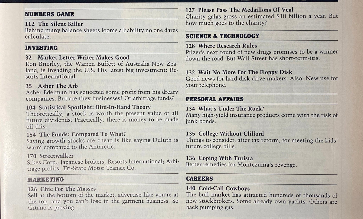 Contents page of Forbes Magazine February 23, 1987 highlighting various articles including market insights and investment strategies.