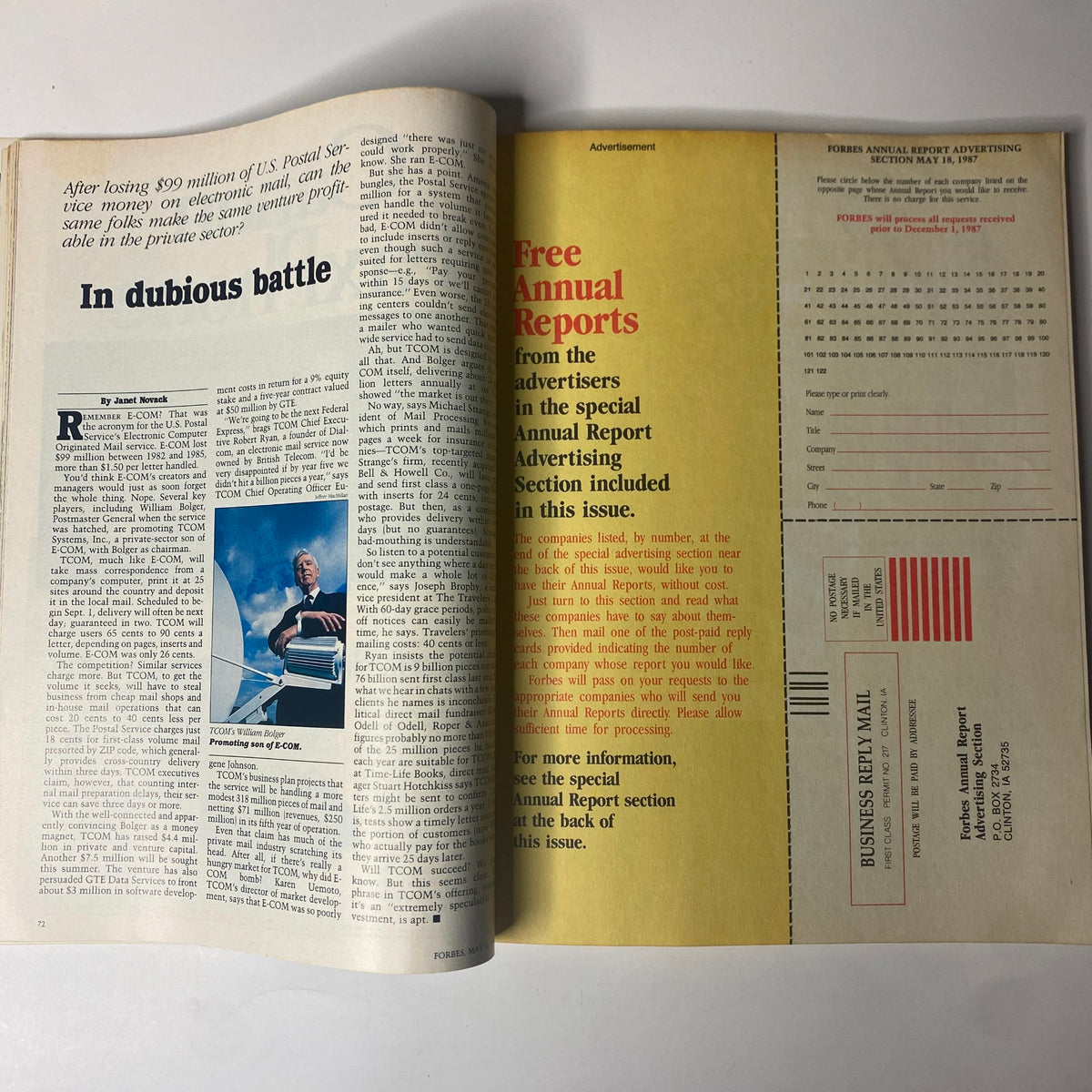 Spread of an article titled 'In Dubious Battle' from Forbes Magazine May 18, 1987, discussing economic strategies.