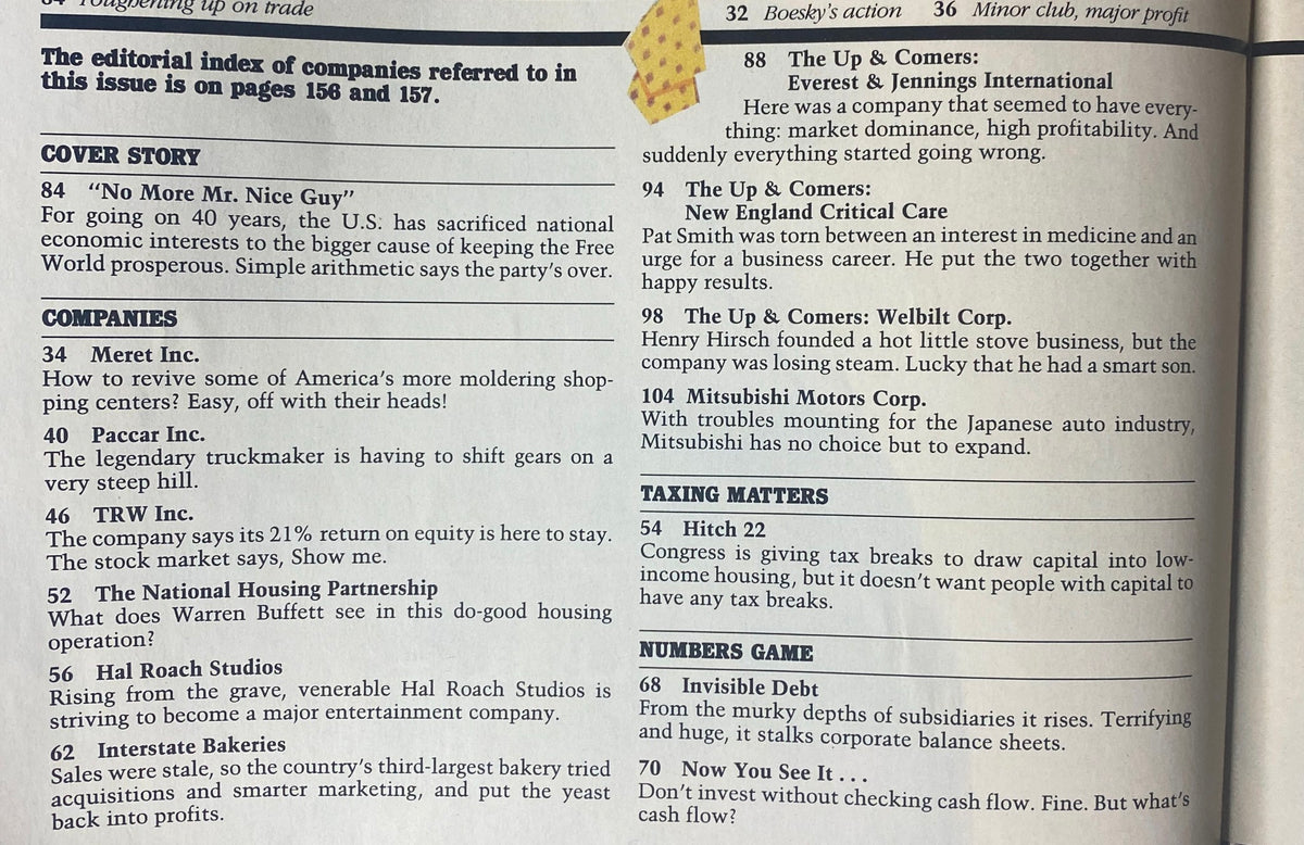 Table of contents page from Forbes Magazine February 9, 1987, highlighting the cover story 'No More Mr. Nice Guy' and a list of companies featured in the issue.