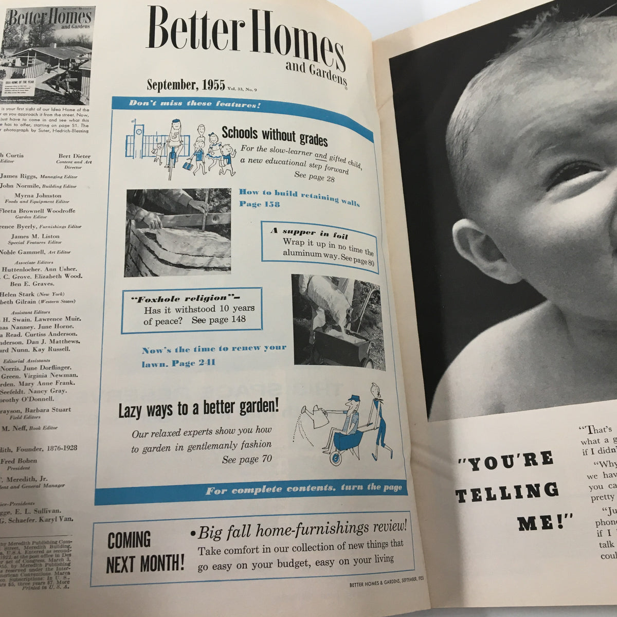 Interior page of VTG Better Homes & Gardens Magazine September 1955 featuring article teasers, emphasizing home improvement tips and nostalgic mid-century lifestyle.