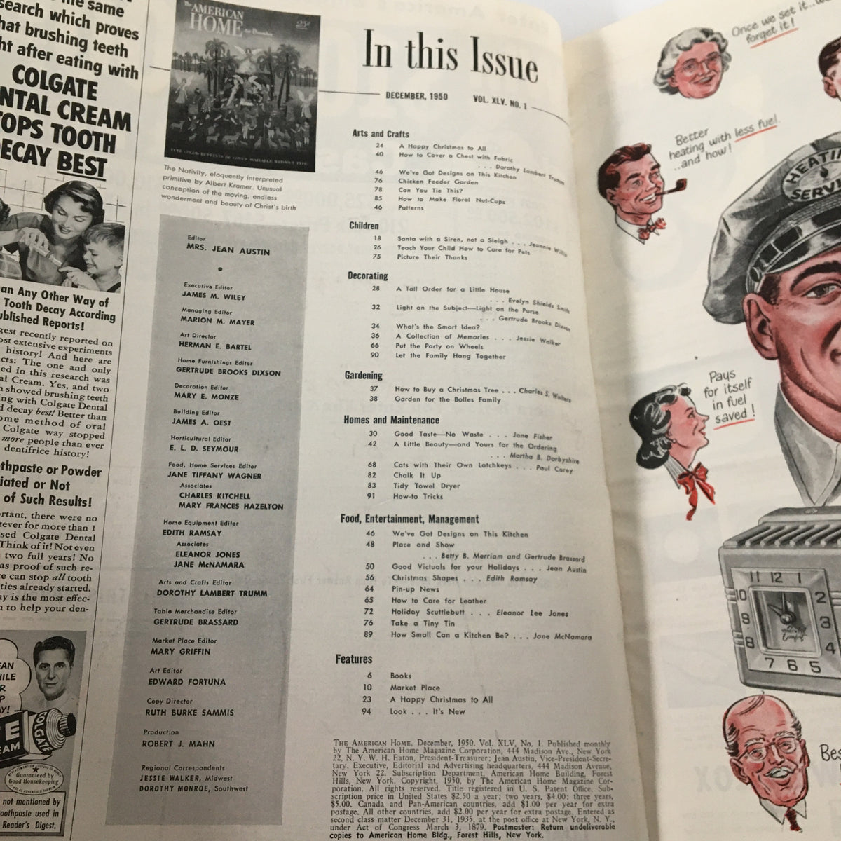 Inside page of VTG The American Home Magazine December 1950 displaying the table of contents with articles on arts, crafts, children, and home decorating.