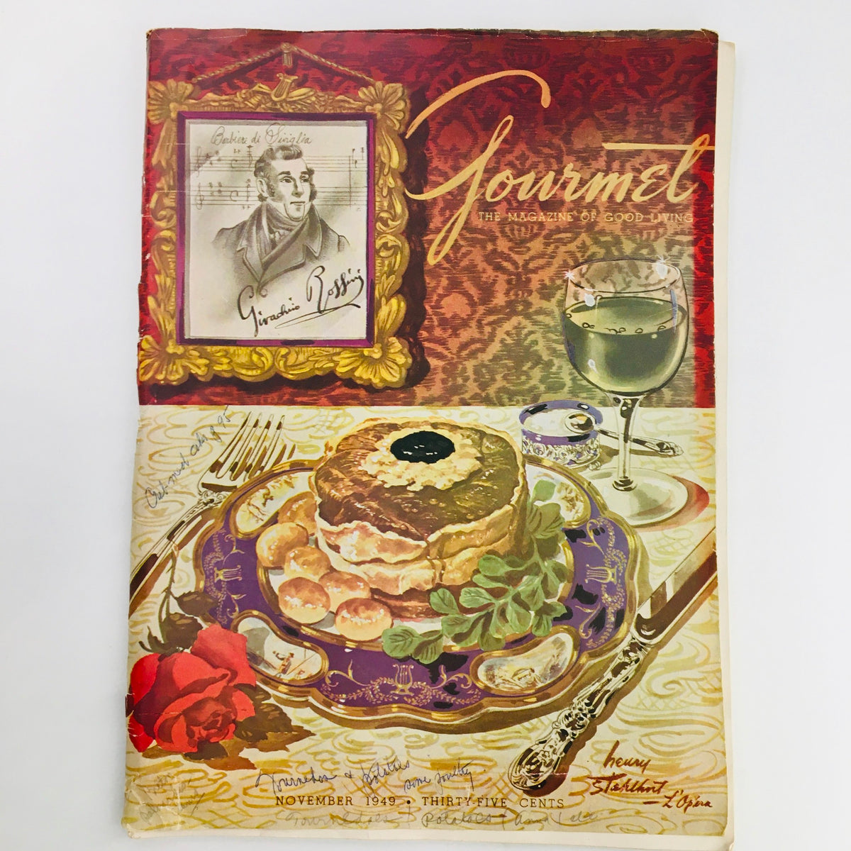 Cover of Gourmet Magazine November 1949 featuring culinary artwork, including a portrait, fine china, and gourmet dish.