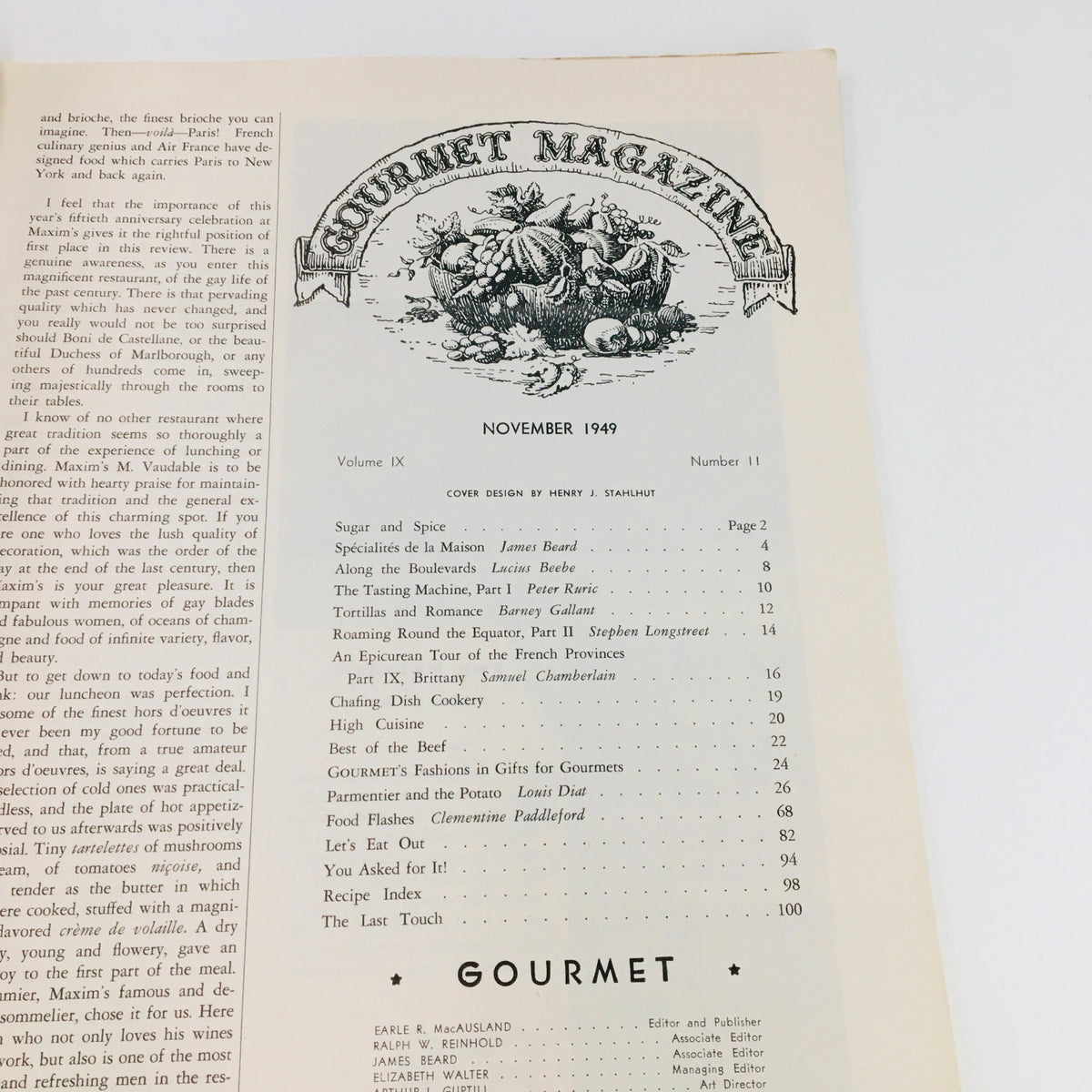 Cover page of Gourmet Magazine from November 1949, Volume 9, Issue 11, featuring illustrations of vegetables and culinary themes, highlighting the magazine's focus on Parmentier and the potato.