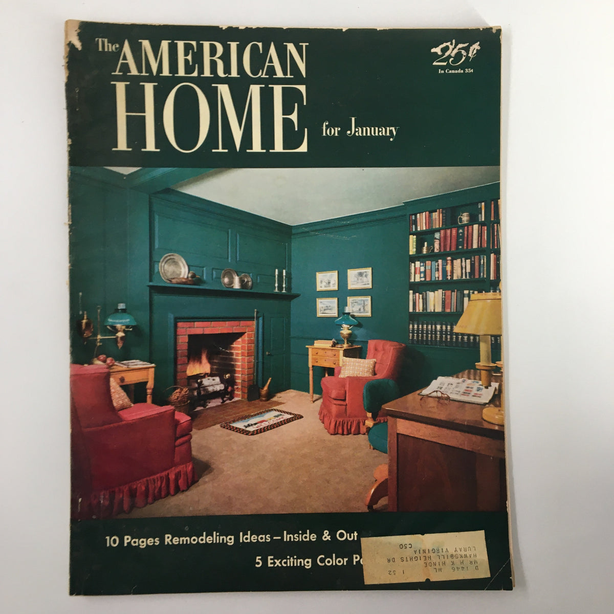 Cover of VTG The American Home Magazine January 1952, featuring a cozy living room with a fireplace, vintage furniture, and a colorful wall, showcasing home remodeling ideas.