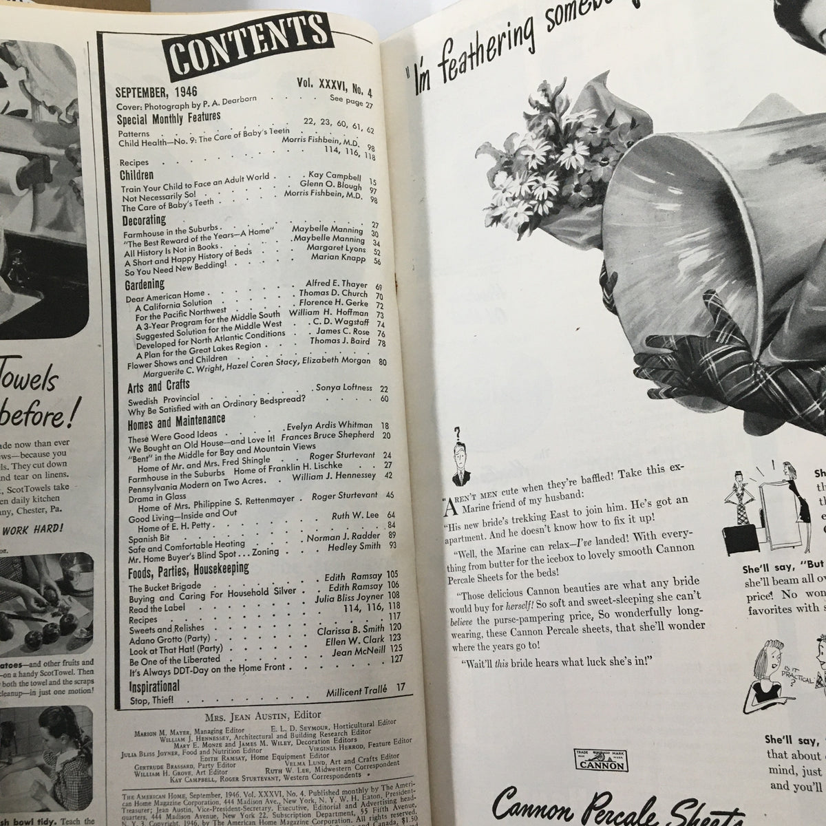 Contents page of VTG The American Home Magazine September 1946, showcasing articles relevant to parenting and home management, including the feature 'Train Your Child to Face the Adult World.'