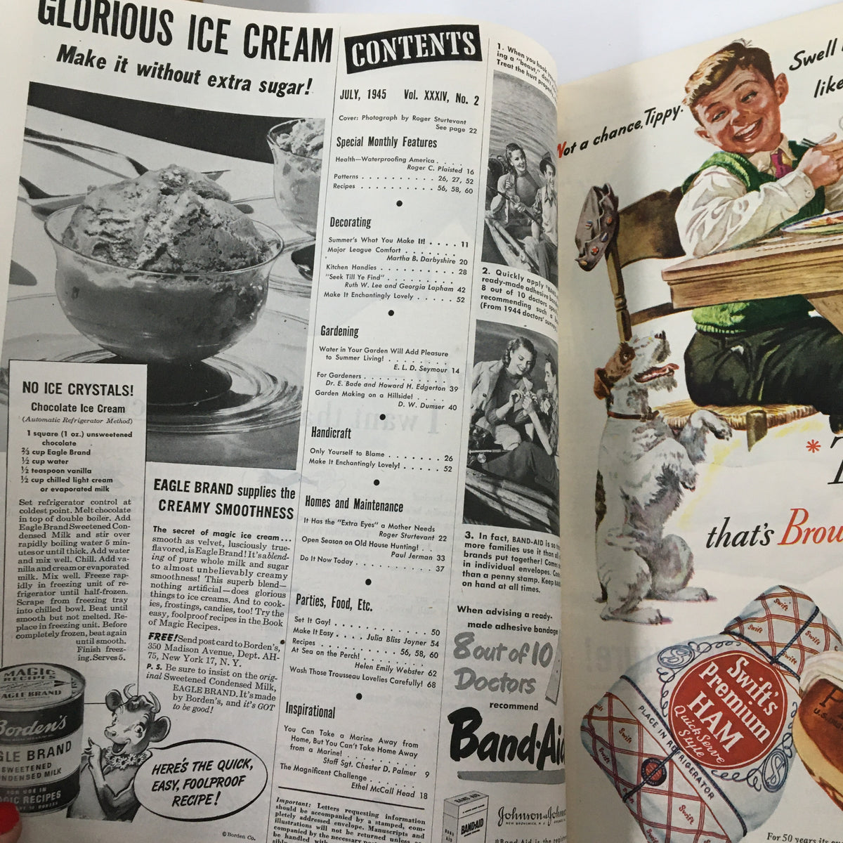 Interior pages of VTG The American Home Magazine July 1945 featuring an ice cream recipe and table of contents, highlighting vintage home and garden tips from 1945.