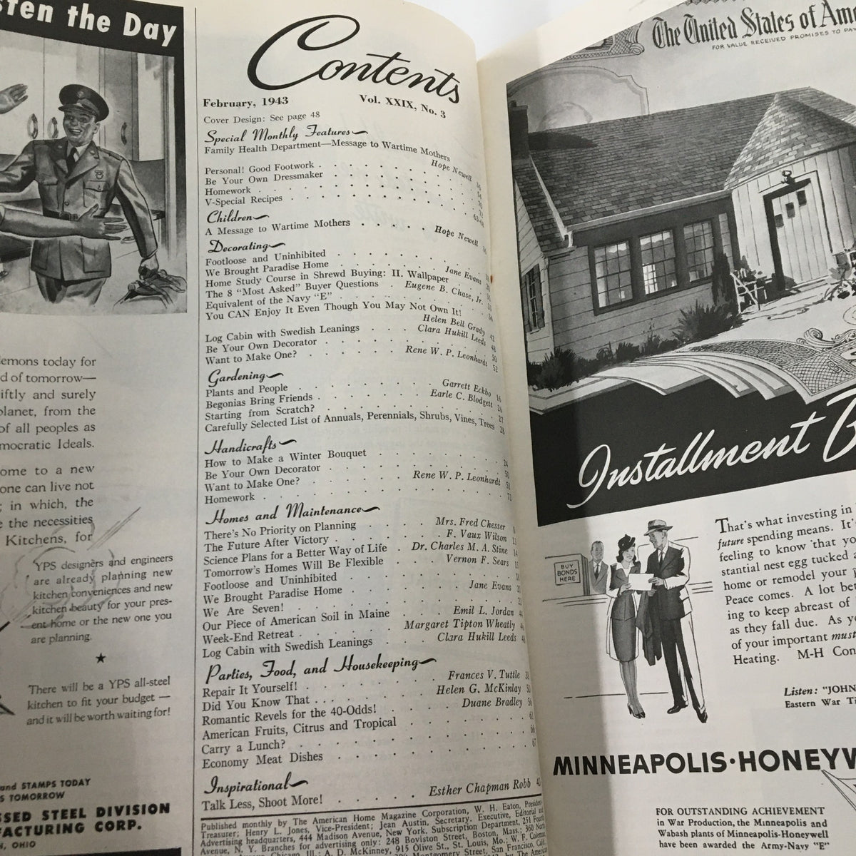 Contents page of The American Home Magazine, February 1943, detailing articles on wartime living and household management.