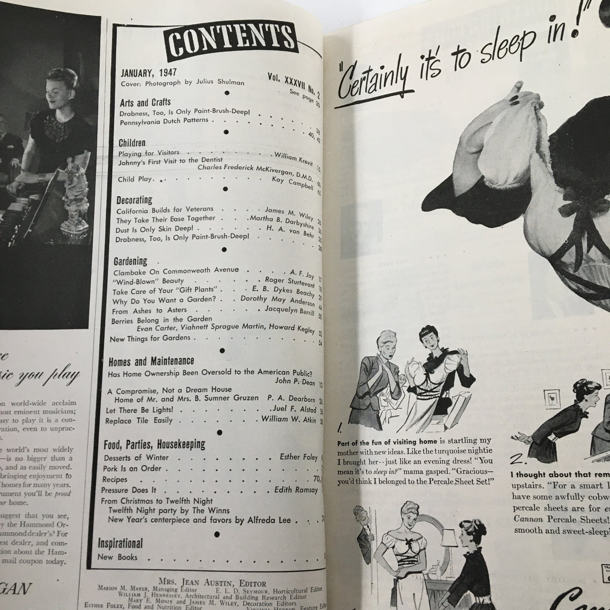 Contents page from VTG The American Home Magazine January 1947 showcasing articles including gardening, decorating, and household tips.