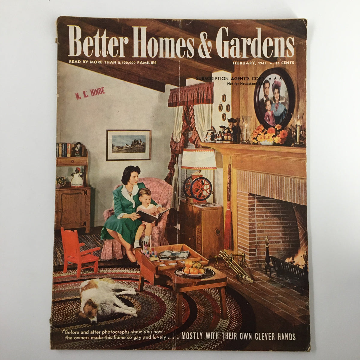 Cover of the VTG Better Homes & Gardens Magazine February 1943 showcasing a mother reading with her child in a cozy living room, embodying home planning and maintenance.