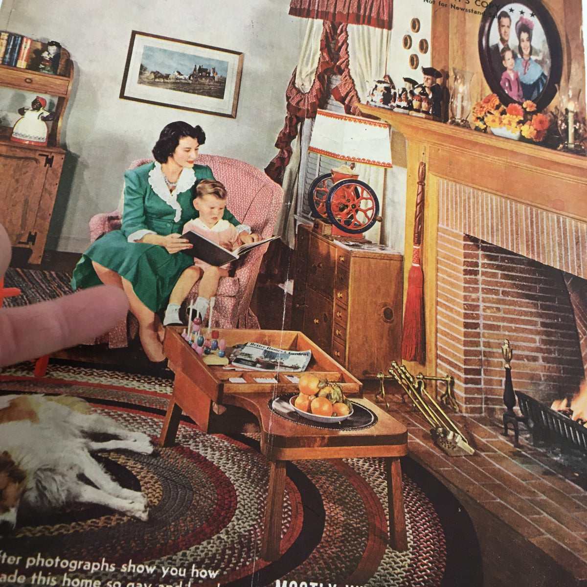 Interior view of the VTG Better Homes & Gardens Magazine February 1943 displaying a mother and child in a living room setting, illustrating home maintenance themes of the era.