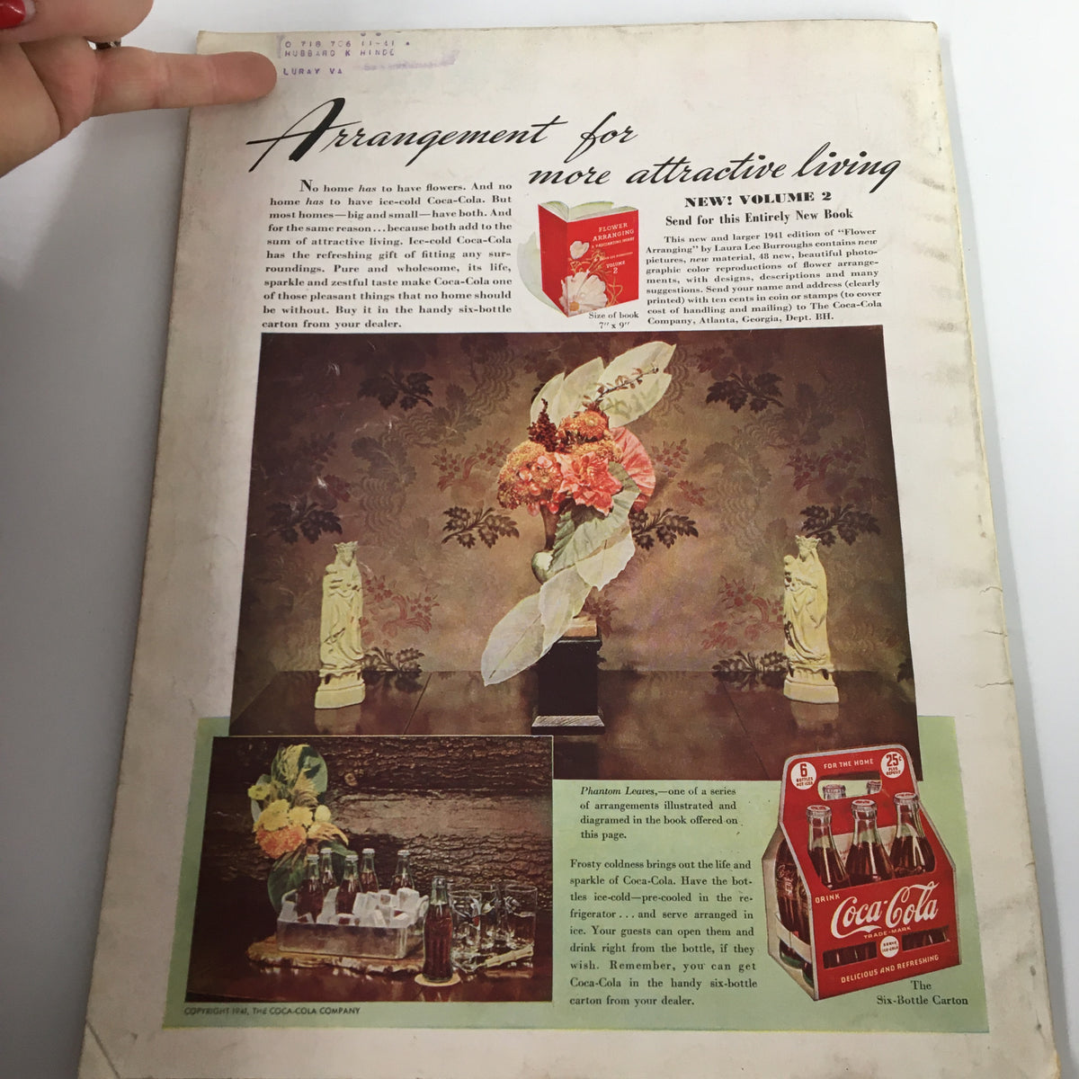 Back cover of VTG Better Homes & Gardens Magazine November 1941 titled 'Arrangement for More Attractive Living,' featuring floral arrangements and advertisements for Coca-Cola, ideal for vintage lifestyle collectors.