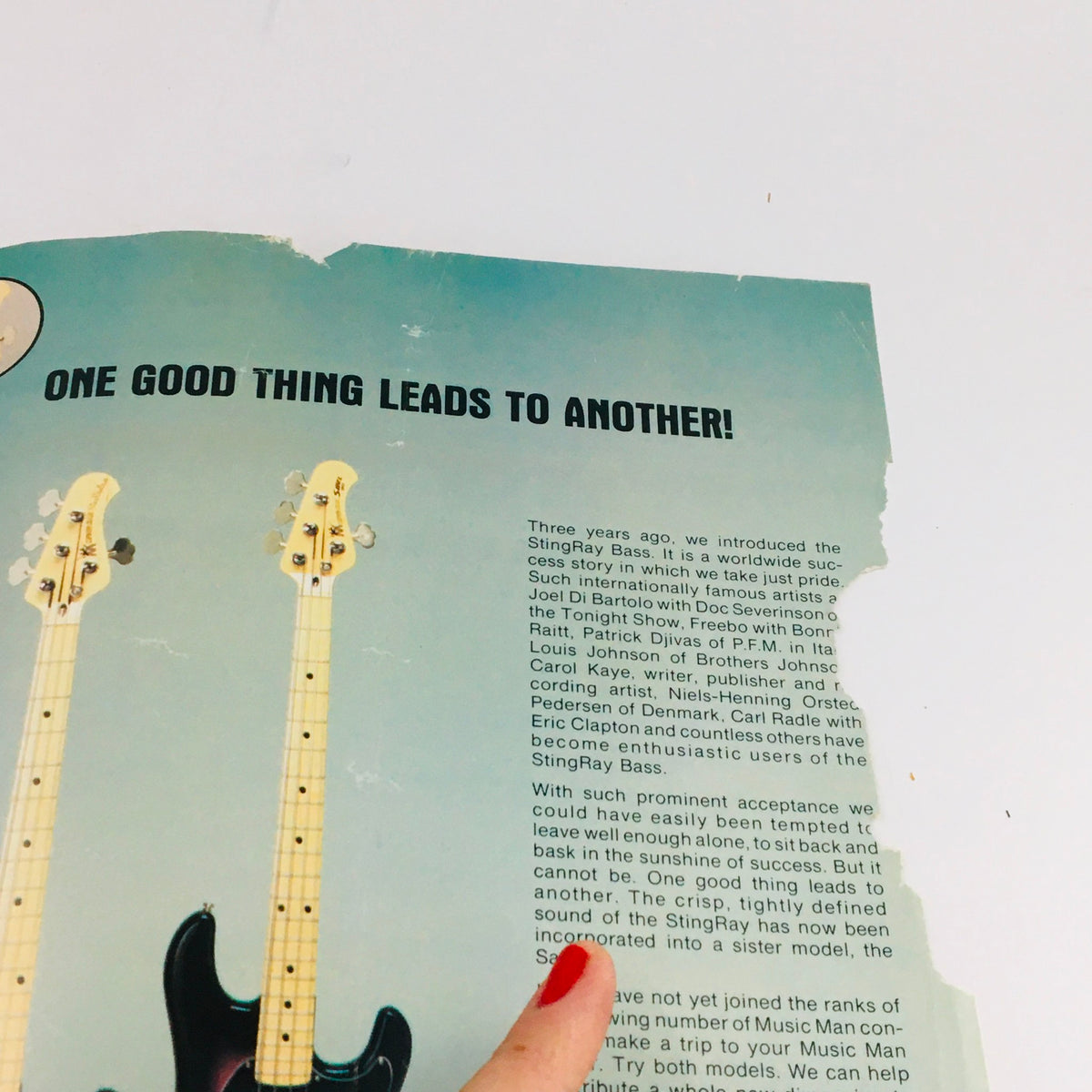 Guitar Player Magazine April 1980 page featuring text about the StingRay Bass with two visual representations of the instrument.