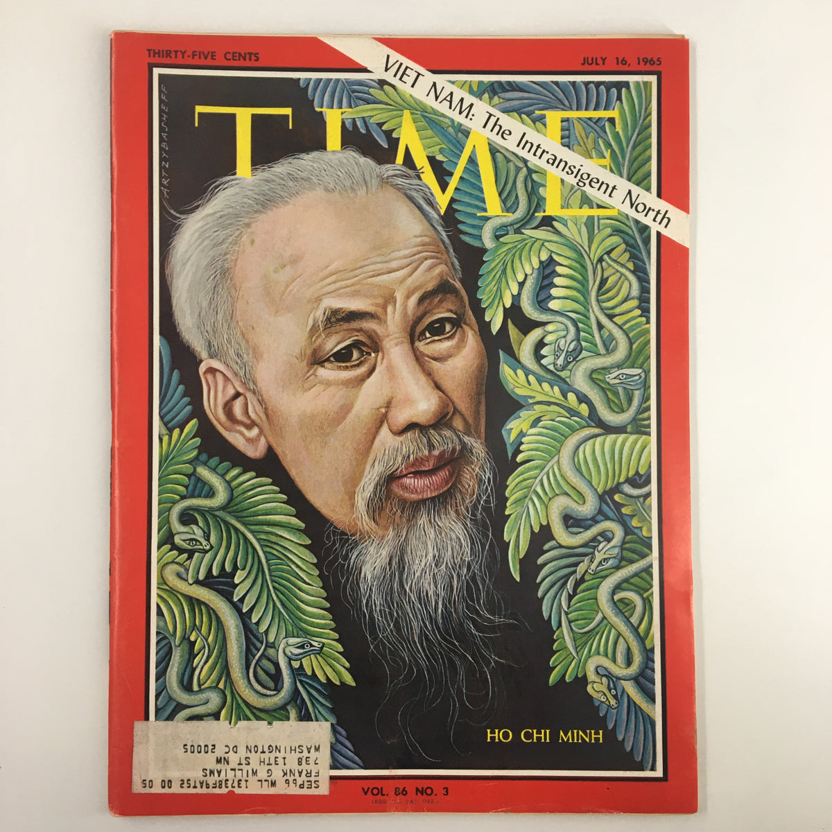 Cover of VTG Time Magazine July 16 1965 Vol. 86 No. 1 featuring Ho Chi Minh of Vietnam, depicting a painted portrait surrounded by vibrant foliage. The magazine discusses the Vietnam War and significant historical events of the 1960s.