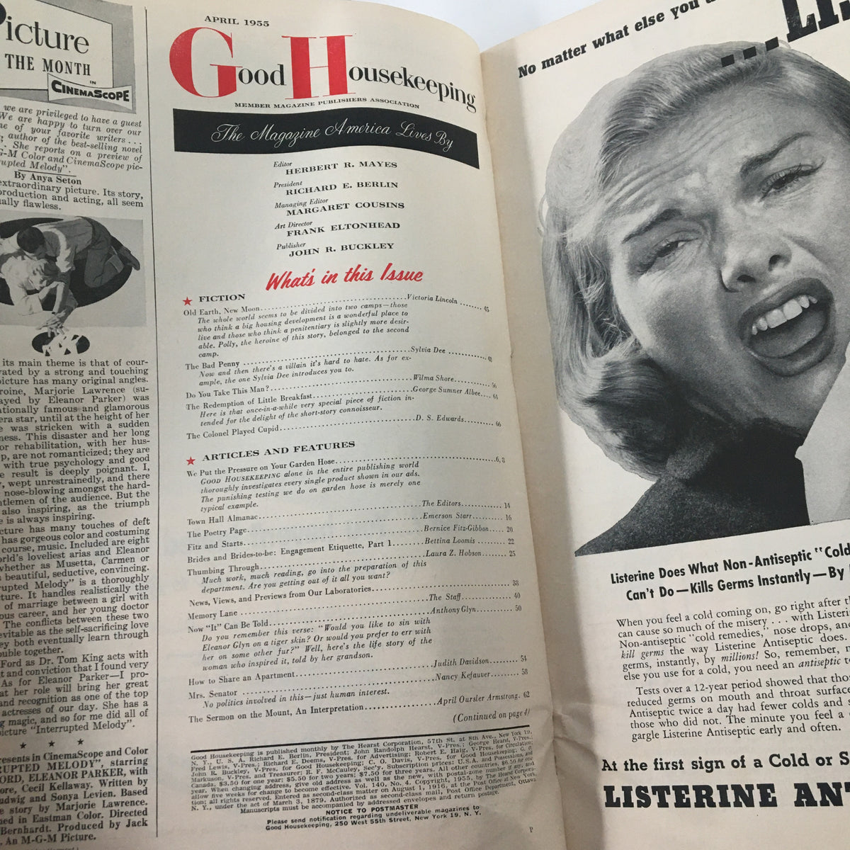 Interior page of the April 1955 Good Housekeeping magazine, featuring the table of contents and illustrations, highlighting the theme of Most Wonderful Party Cakes.