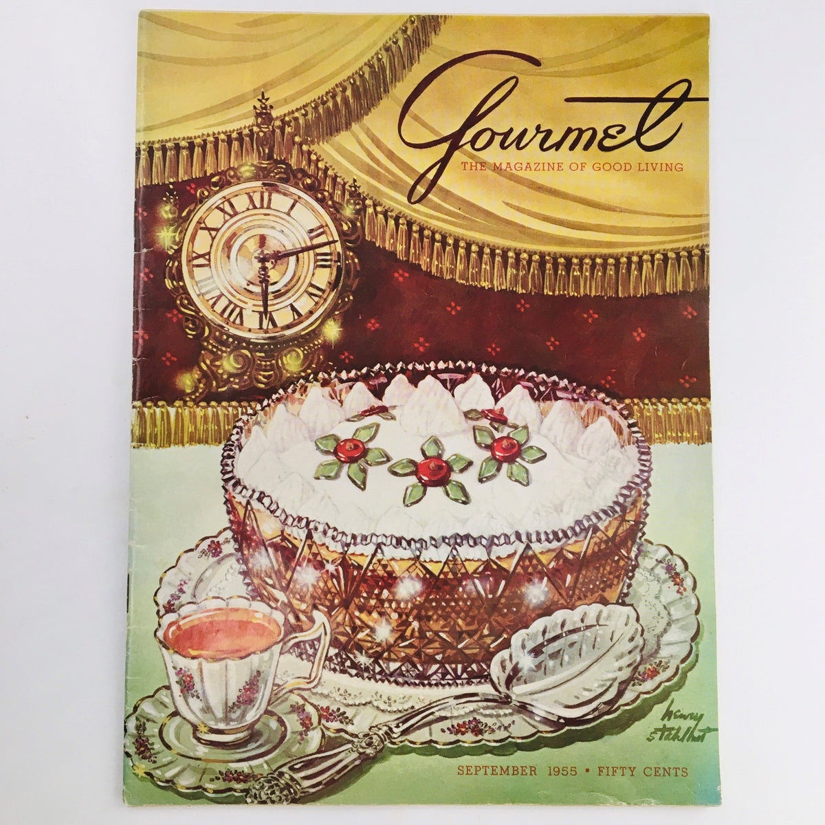 Cover of Gourmet Magazine September 1955, featuring a beautifully styled dessert with a vintage clock backdrop, showcasing culinary elegance.