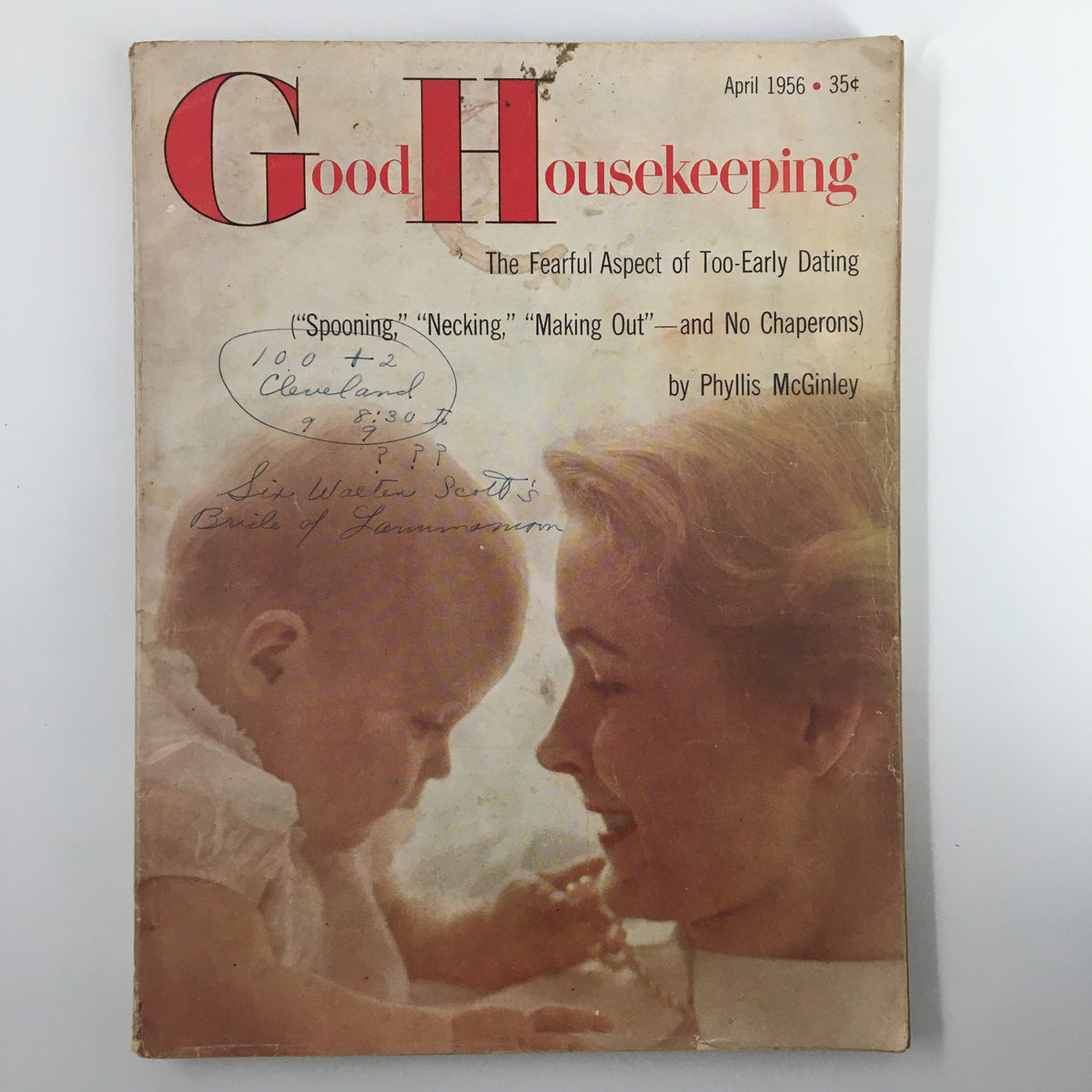 Cover of VTG Good Housekeeping Magazine April 1956 featuring a mother and child, with the title 'Spooning, Necking, Making Out.' This vintage magazine reflects mid-century lifestyles and relationships.