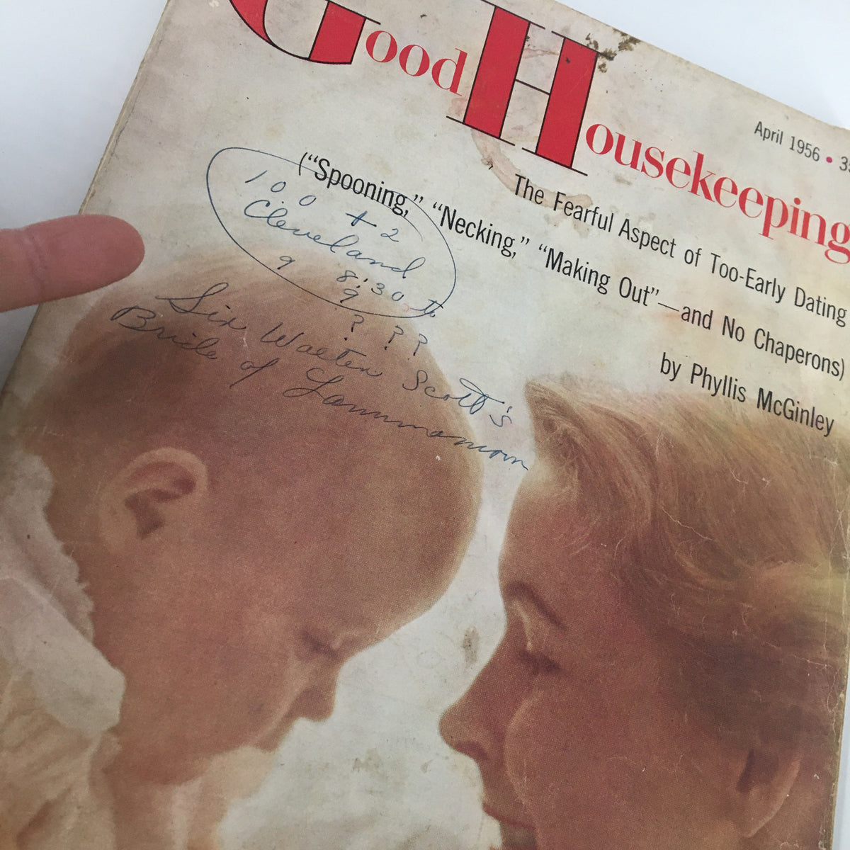 Cover of VTG Good Housekeeping Magazine April 1956 featuring a mother and child with handwritten notes, highlighting the theme of 'Spooning, Necking, Making Out.'
