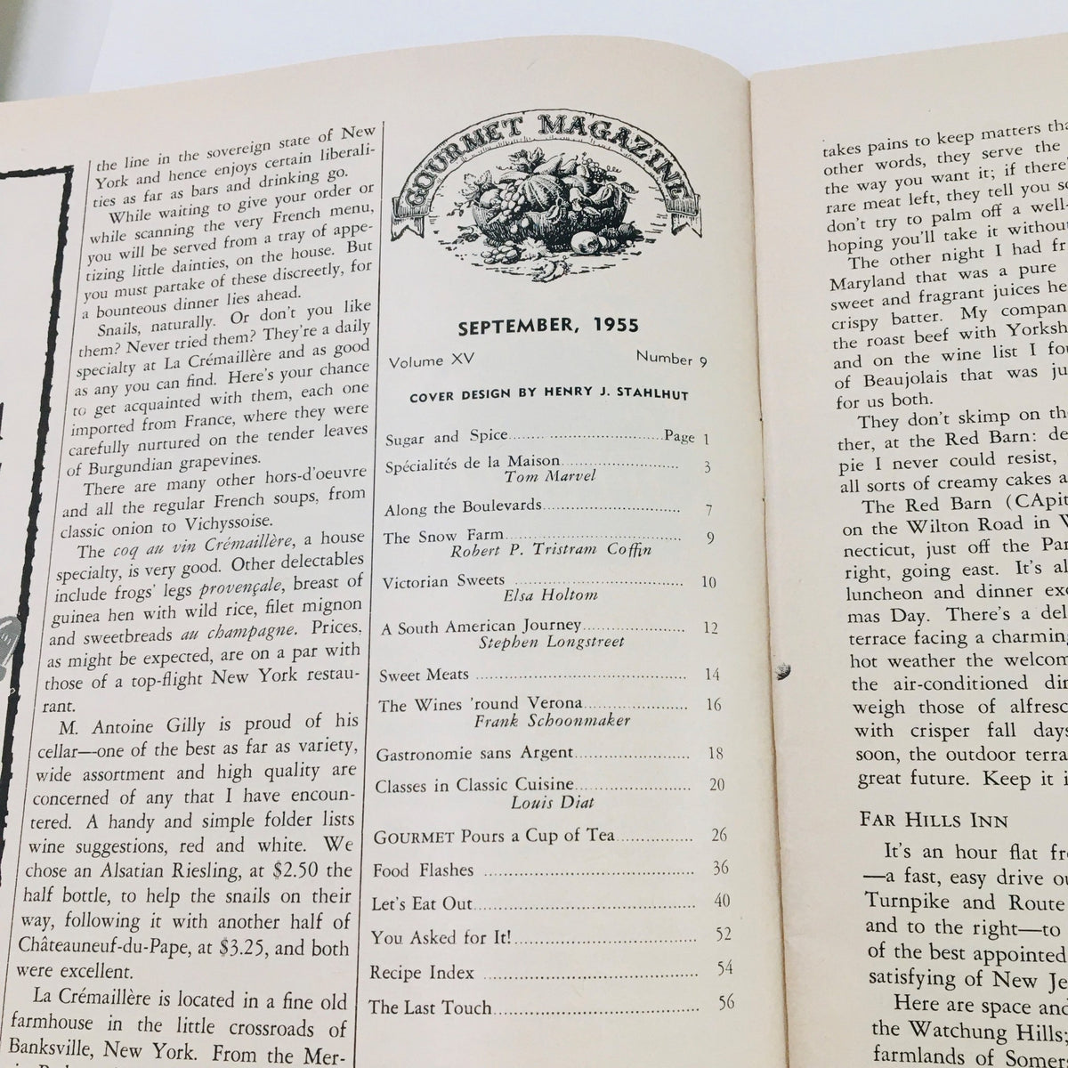 Interior page of Gourmet Magazine September 1955, displaying the table of contents and highlights of culinary articles focused on gourmet cuisine.