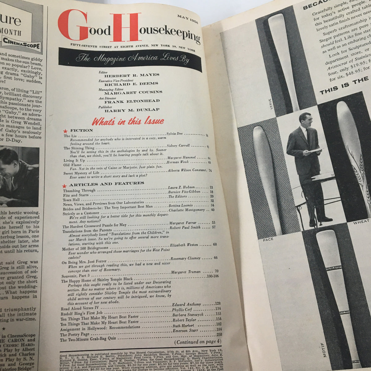 Inside page of the Vintage May 1956 Good Housekeeping magazine, displaying the table of contents and featured articles from the mid-20th century.