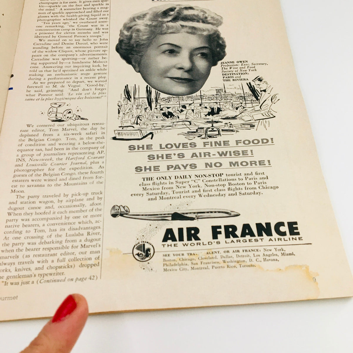 Advertisement featuring a woman promoting Air France, from the Gourmet Magazine April 1955 issue titled 'Yankee in Paradise'.
