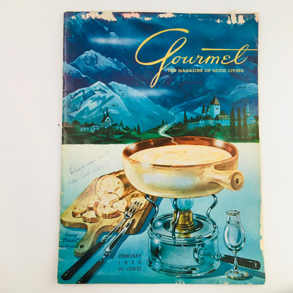 Cover of Gourmet Magazine February 1955 Vol 15 #2, featuring a scenic mountain view with a fondue pot and a platter of cheese.