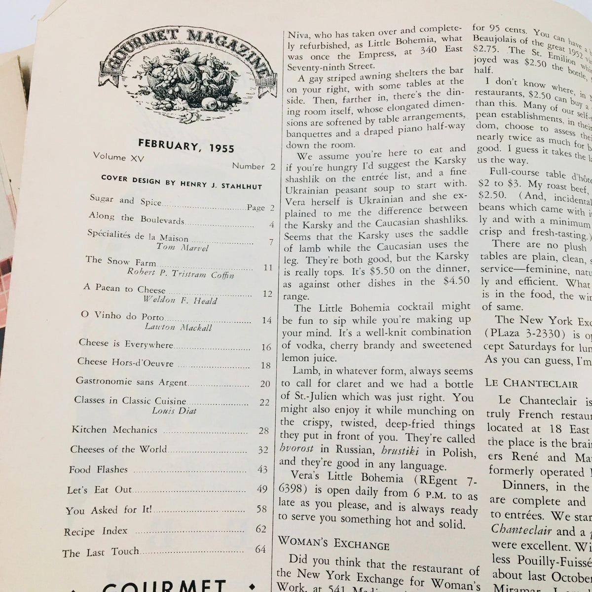 Interior page of Gourmet Magazine February 1955 Vol 15 #2, displaying the table of contents for the issue.