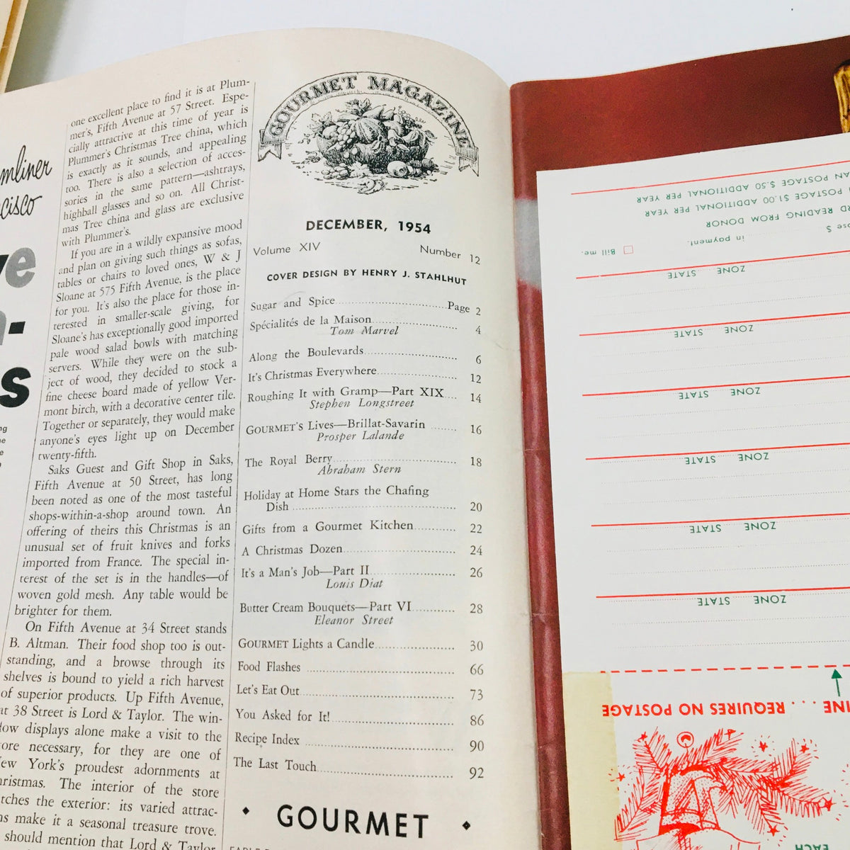 Another inside page of Gourmet Magazine December 1954 Vol 14 #12 displaying the table of contents, outlining articles and features including Butter Cream Bouquets.