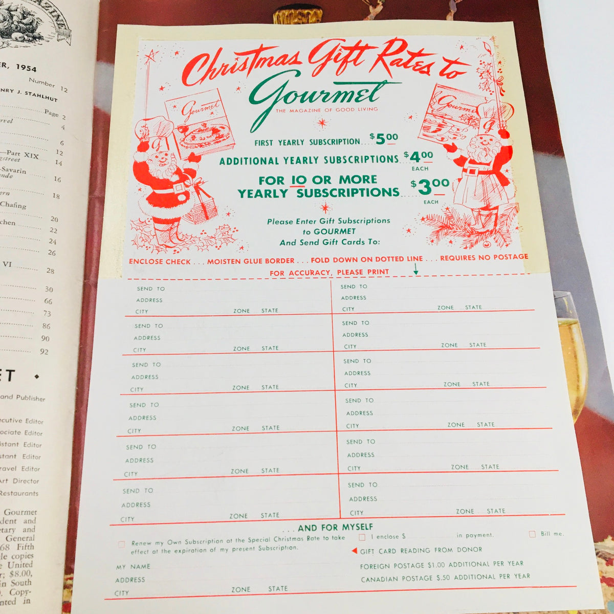 Subscription page from Gourmet Magazine December 1954 Vol 14 #12 advertising Christmas gift subscription rates with festive illustrations.
