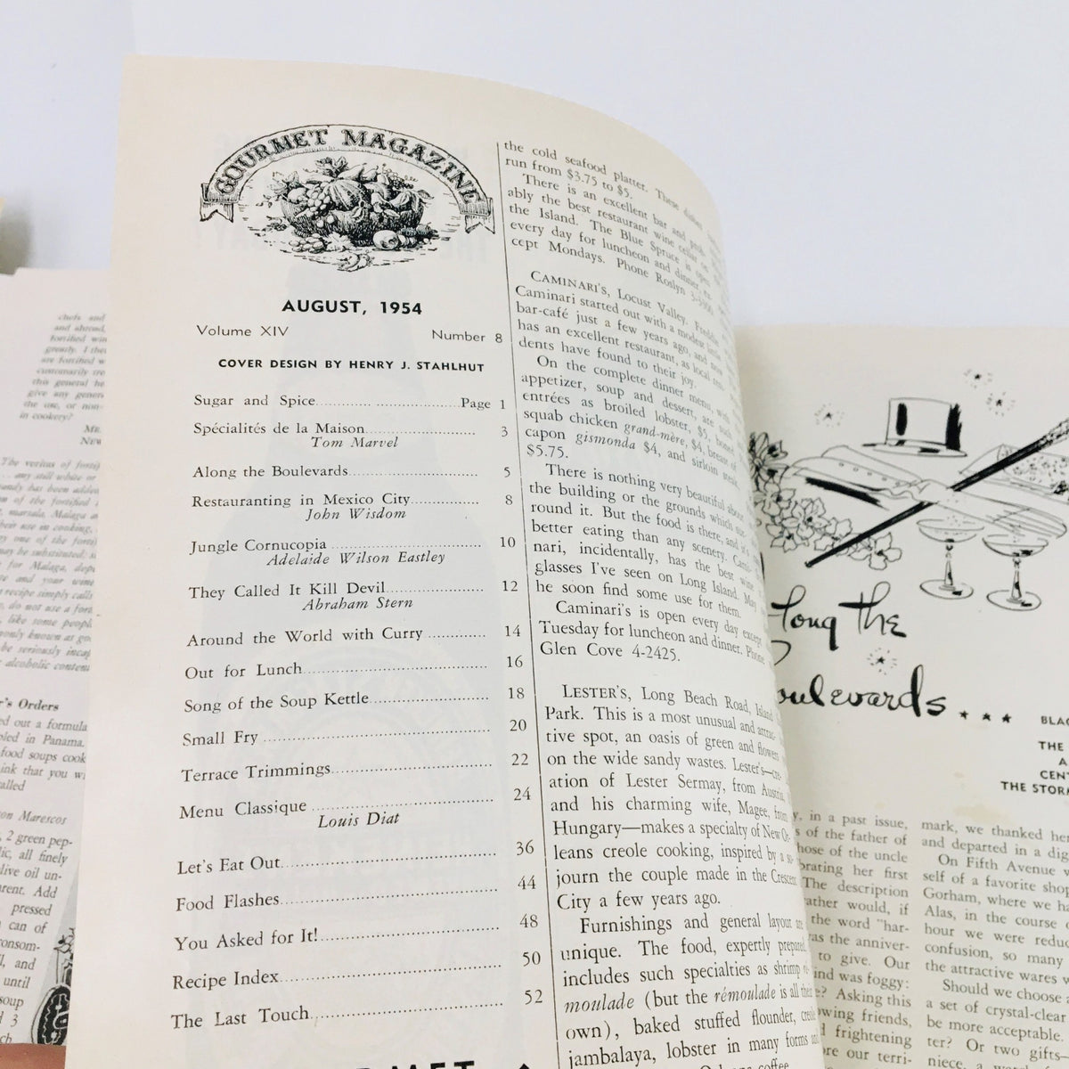 Inside page of Gourmet Magazine August 1954 displaying the table of contents with various articles and recipes, including 'They Called It Kill Devil'.