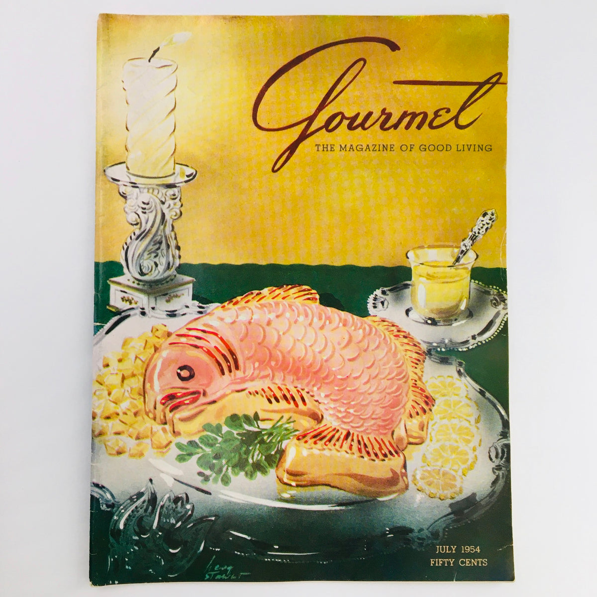 Cover of Gourmet Magazine July 1954 Vol 14 #7, featuring a vibrant illustration of a pink fish dish garnished with greenery, showcasing culinary art from the mid-20th century.