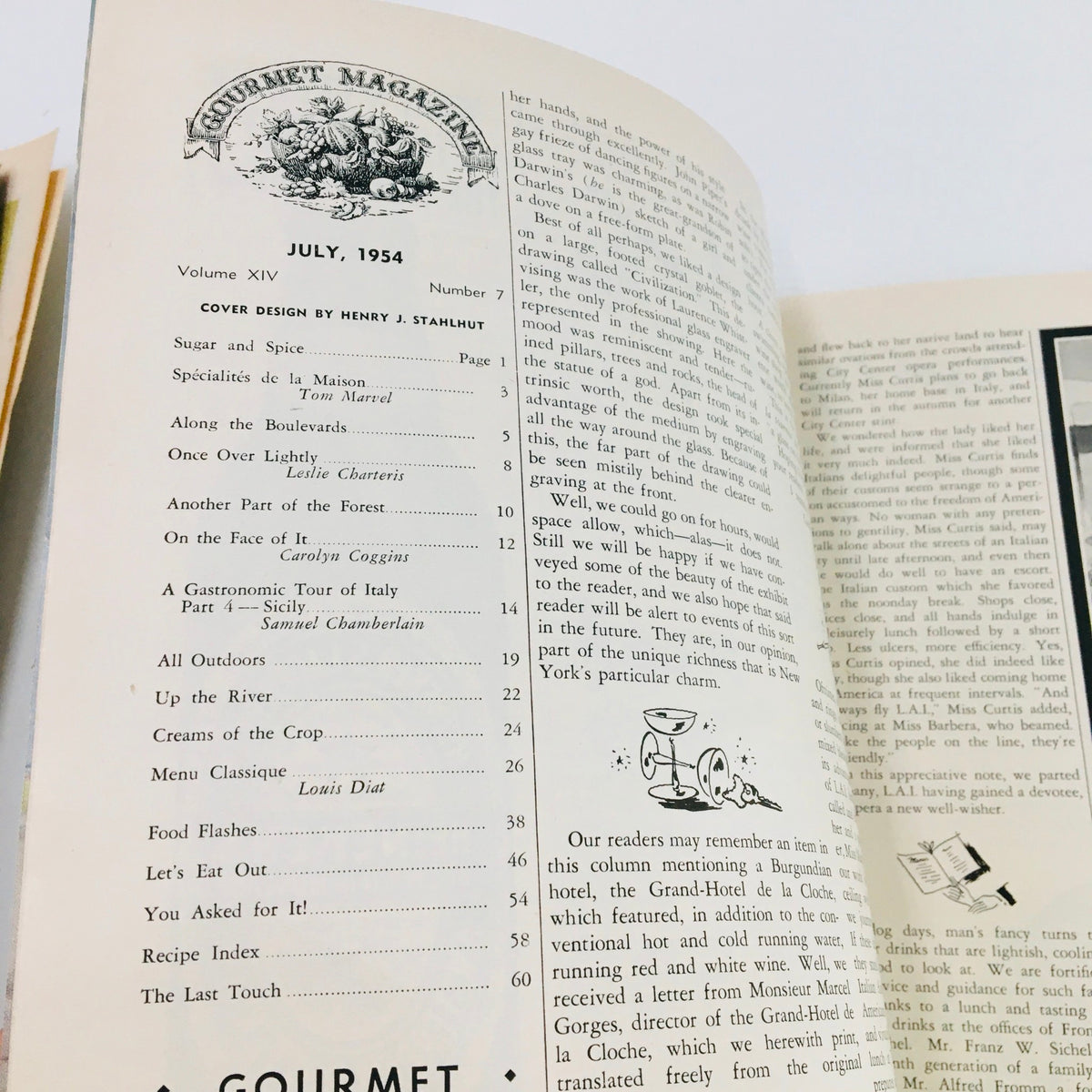 Table of contents from Gourmet Magazine July 1954 Vol 14 #7, detailing articles including 'Another Part of the Forest' and various culinary topics from the era.