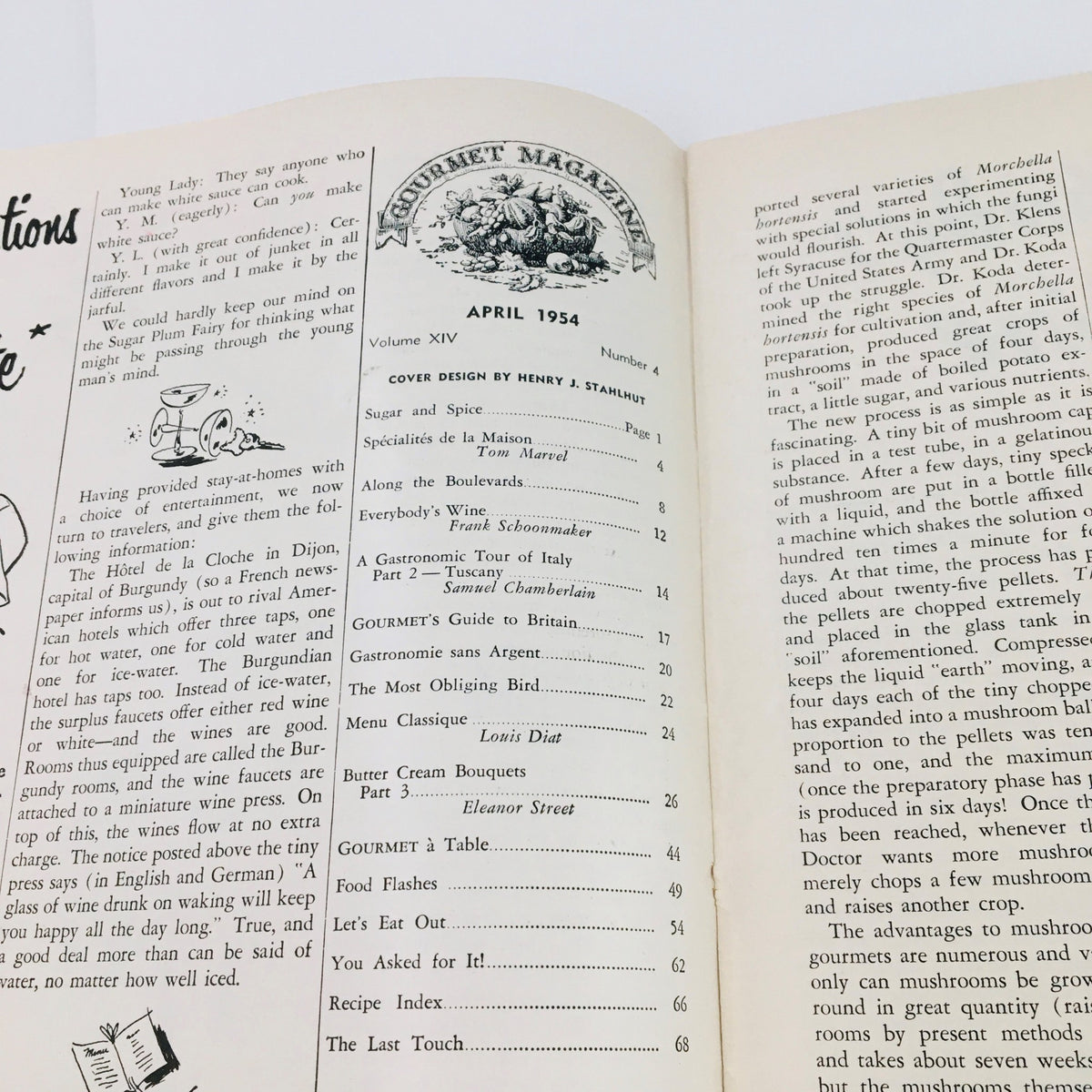 Gourmet Magazine April 1954 Vol 14 #4 featuring the table of contents highlighting articles such as a gastronomic tour of Italy and recipes, reflecting the magazine's cultural insights.