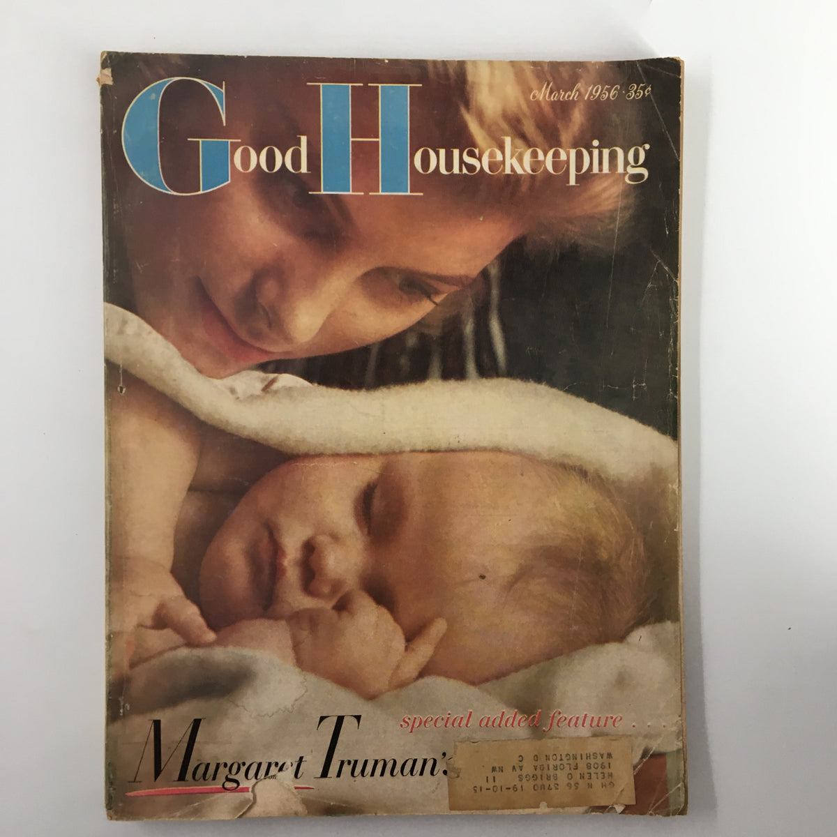 Vintage Good Housekeeping magazine cover from March 1956, featuring a mother and sleeping baby, highlighting the article 'The Best Things in Life Are Expensive'.
