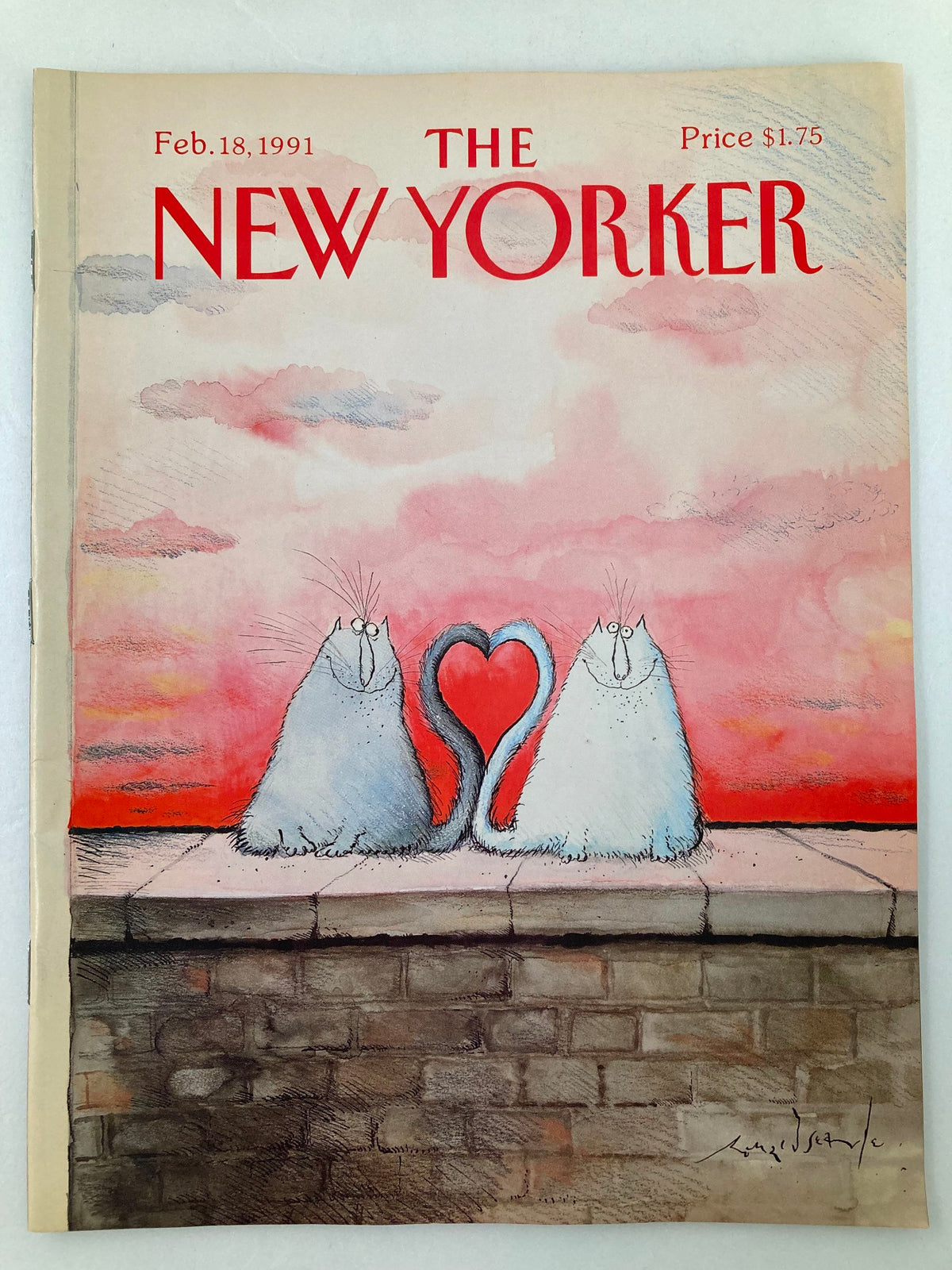 The New Yorker Full Magazine February 18, 1991 cover featuring the charming illustration titled Cat Love by R. Searle, depicting two affectionate cats with a heart shape between them against a colorful sky.