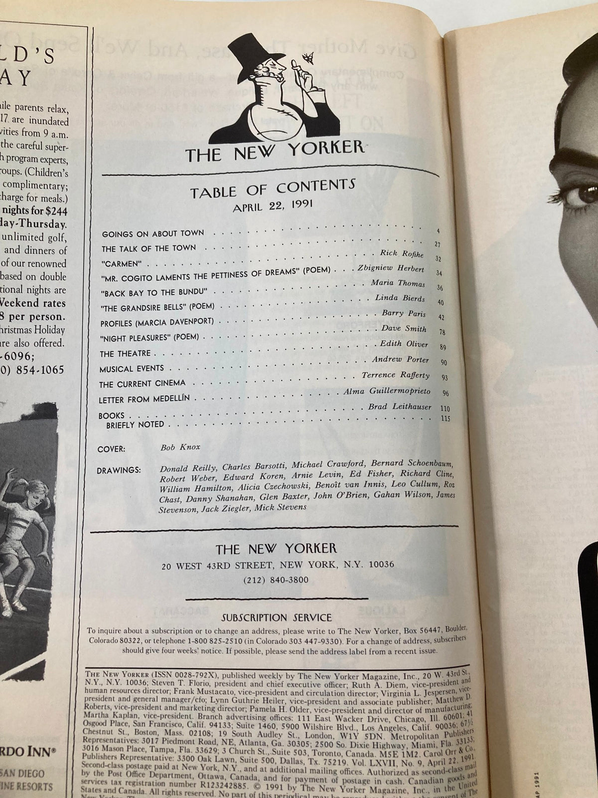 Table of Contents page from The New Yorker Full Magazine April 22 1991, highlighting articles, poetry, and features, along with the cover artist credit to Bob Knox.