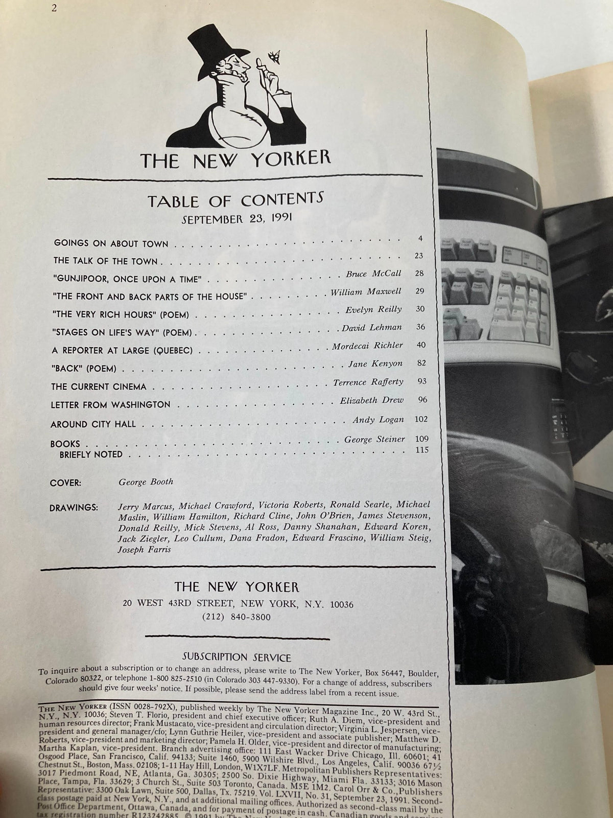 Table of contents from The New Yorker Full Magazine September 23, 1991, detailing featured articles and poems, highlighting the magazine's diverse literary content.