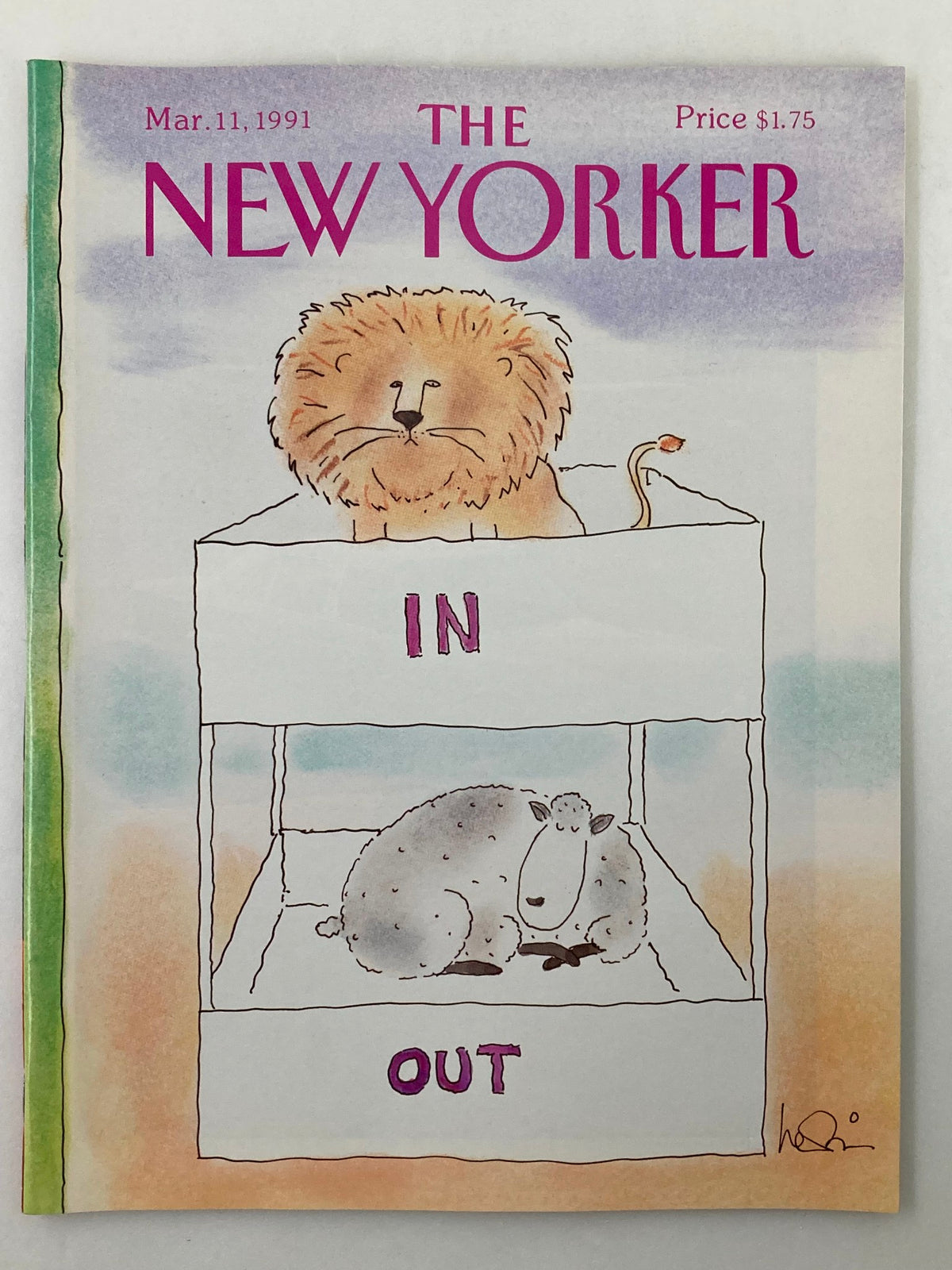 Cover of The New Yorker Full Magazine March 11 1991 featuring the cartoon 'In and Out' by Arnie Levin, depicting a lion and a sheep with humorous labels.