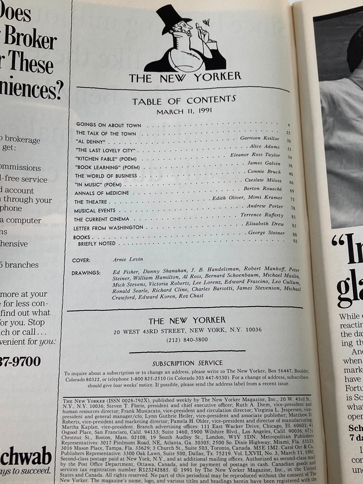 Table of contents for The New Yorker Full Magazine March 11 1991 featuring articles and features, including a cover illustration by Arnie Levin.