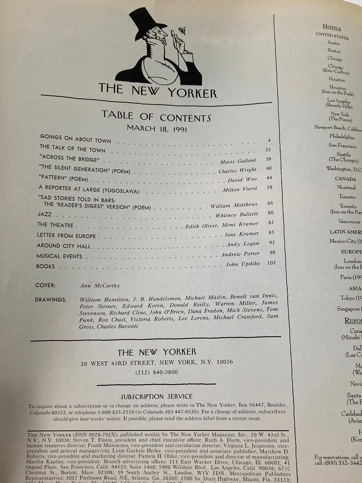 Table of Contents for The New Yorker Full Magazine March 18 1991, showcasing featured articles and contributors including cover artist Ann McCarthy. This page highlights the magazine's rich literary and artistic contributions.