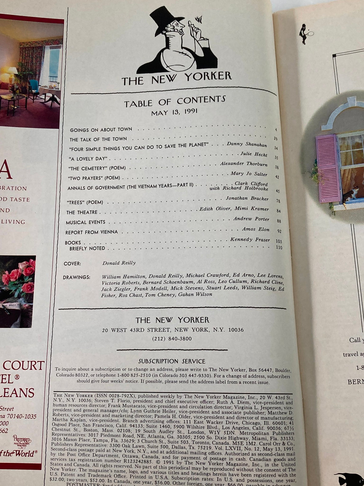 Table of Contents for The New Yorker - May 13, 1991, showcasing the featured articles, poems, and drawings within the magazine, highlighting contributions from various writers and artists.