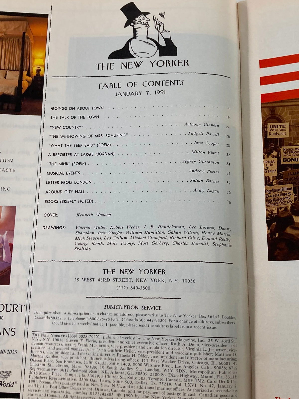 Table of Contents page from 'The New Yorker' magazine, January 7, 1991, detailing articles and illustrations, including a cover by Kenneth Mahood.