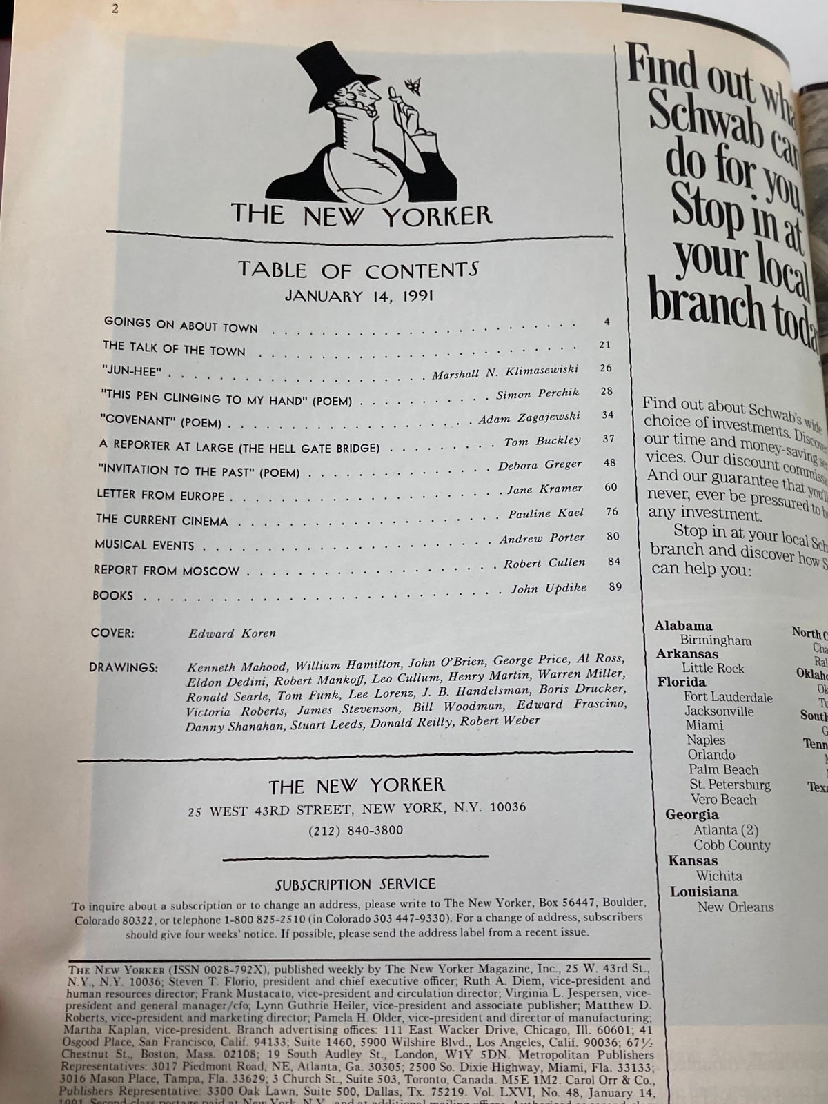 Table of contents from The New Yorker magazine, January 14, 1991, detailing various articles, poems, and features within the issue.