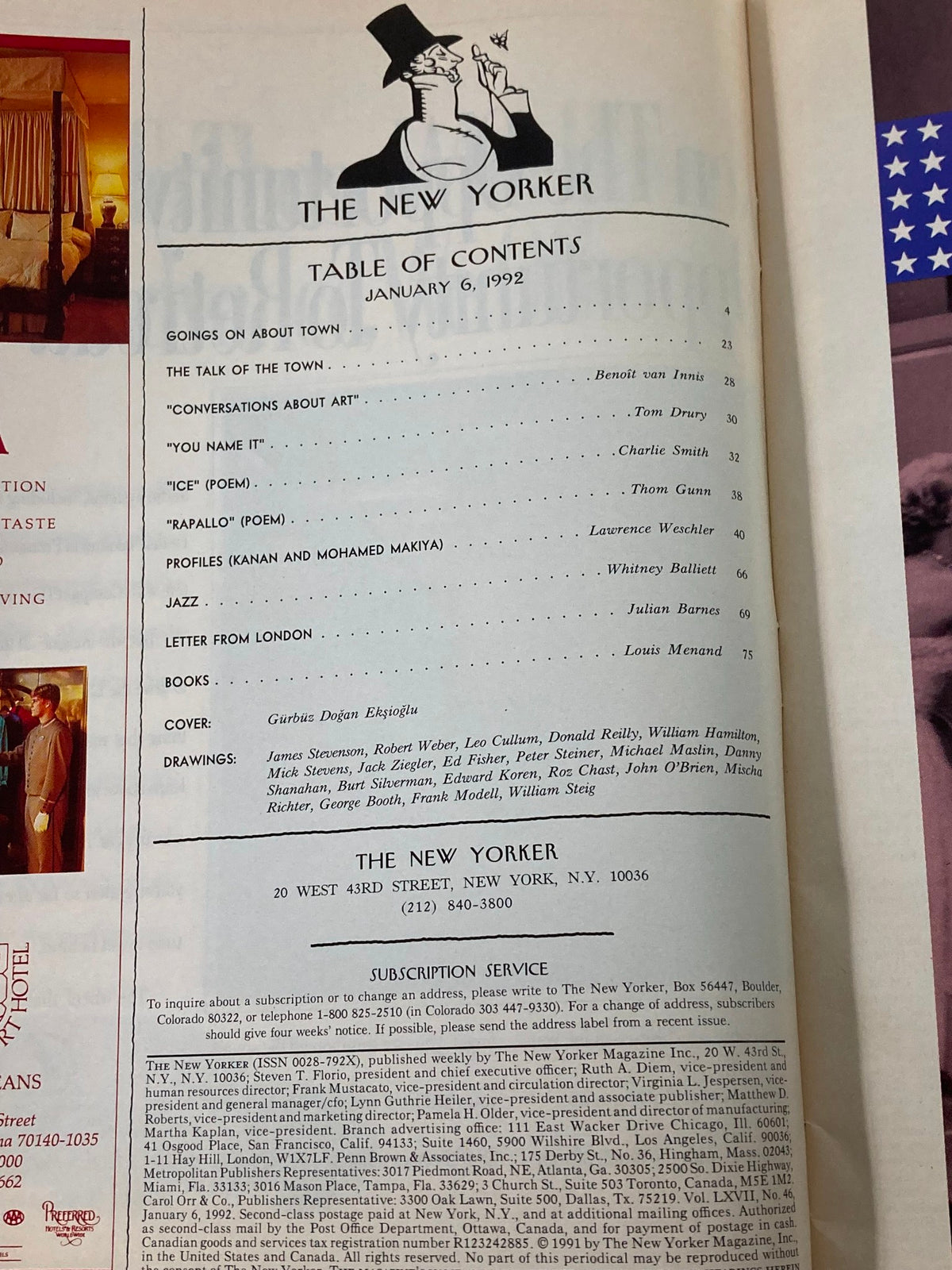 Table of Contents page of The New Yorker magazine from January 6, 1992, listing articles and features, including cover artist Guribos Dogan Eksioglu.